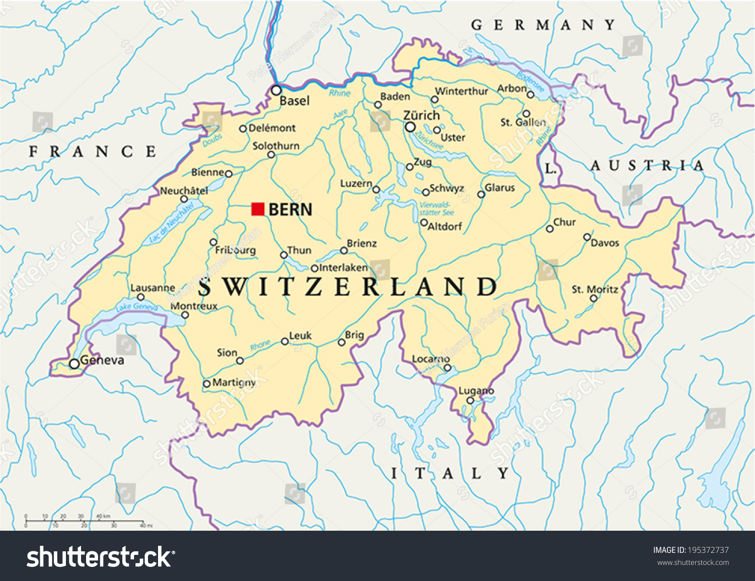 SVG of Switzerland Political Map with capital Bern, national borders, most important cities, rivers and lakes with english labeling and scale. Vector illustration using transparencies. svg