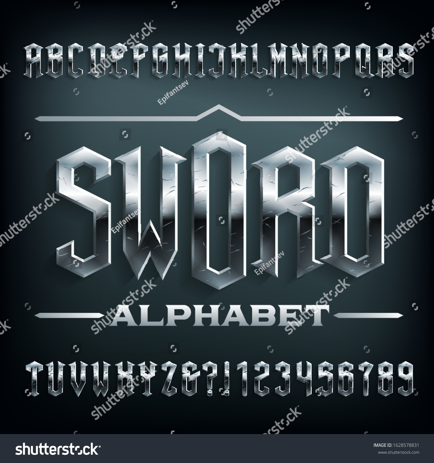 Sword Alphabet Font Scratched Metal Medieval 库存矢量图（免版税）1628578831