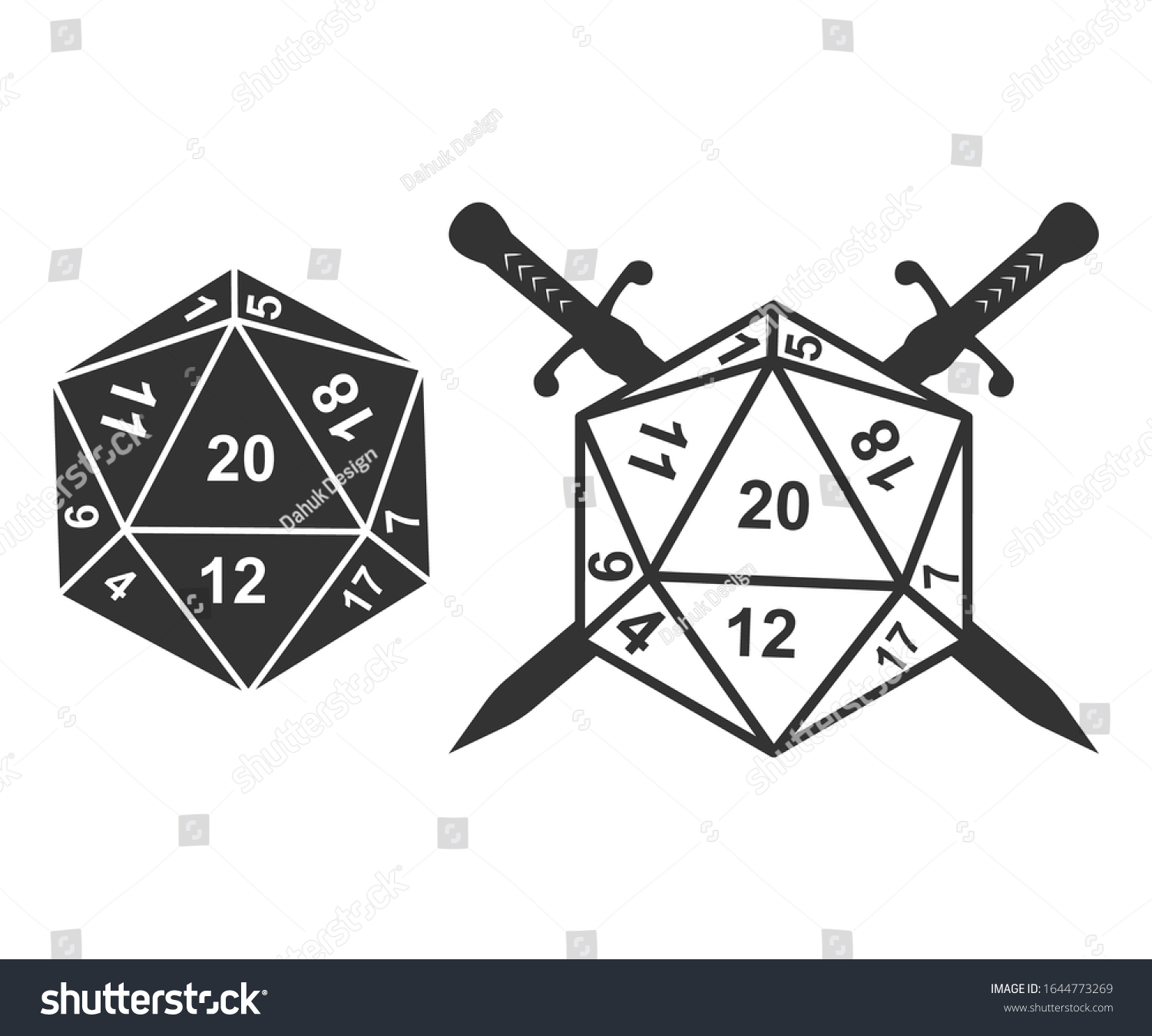 SVG of Swords crossed with 20 side Vector Illustration. D20 dungeons svg
