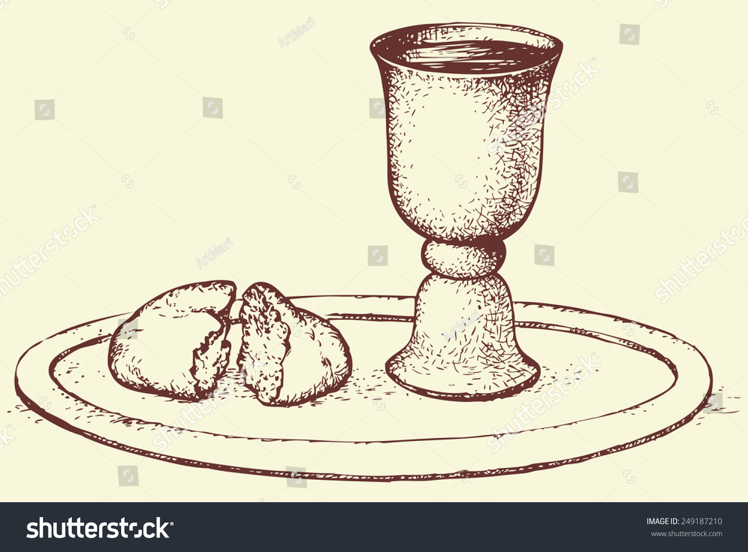 Symbols Of Communion: Broken Bread And Wine In Bowl. Vector Monochrome ...