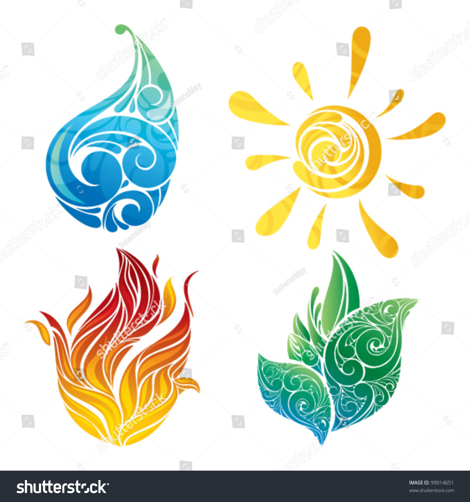 Symbols Of Nature: Sun, Leaf, Water And Fire Stock Vector Illustration ...