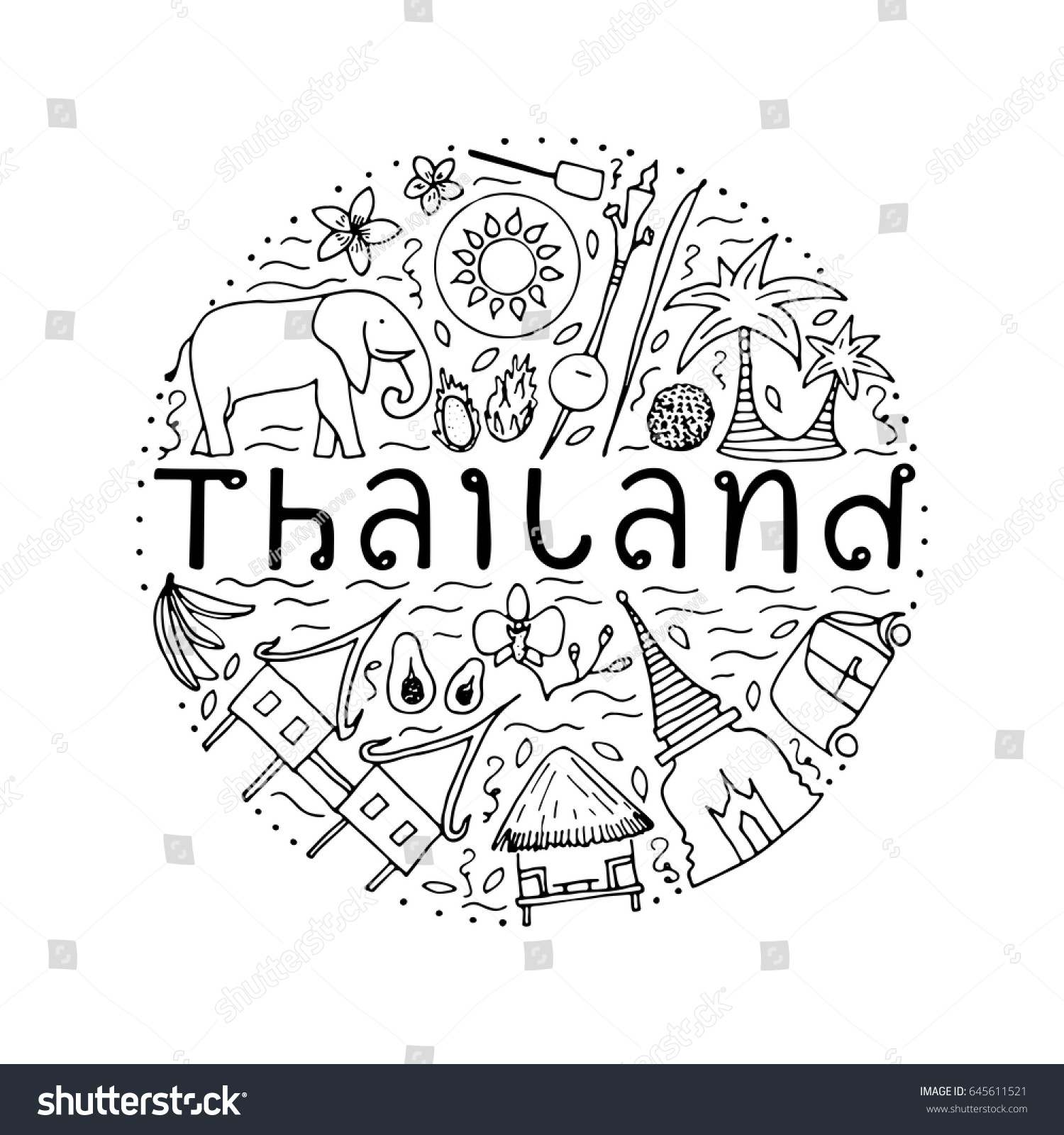 Symbols Thailand Hand Drawn Round Design Stock Vector 645611521
