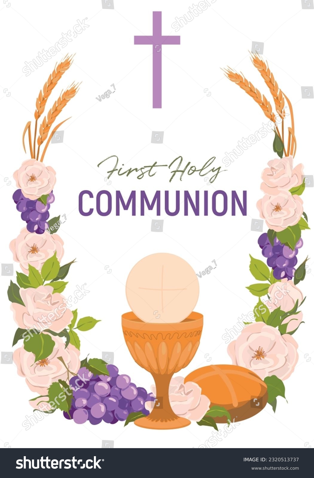 SVG of Symbols of the first communion. Vector. Golden bowl for wine, crucifix, bread, wine, grapes, white roses. An invitation to celebrate the Eucharist. Festively decorated altar. svg