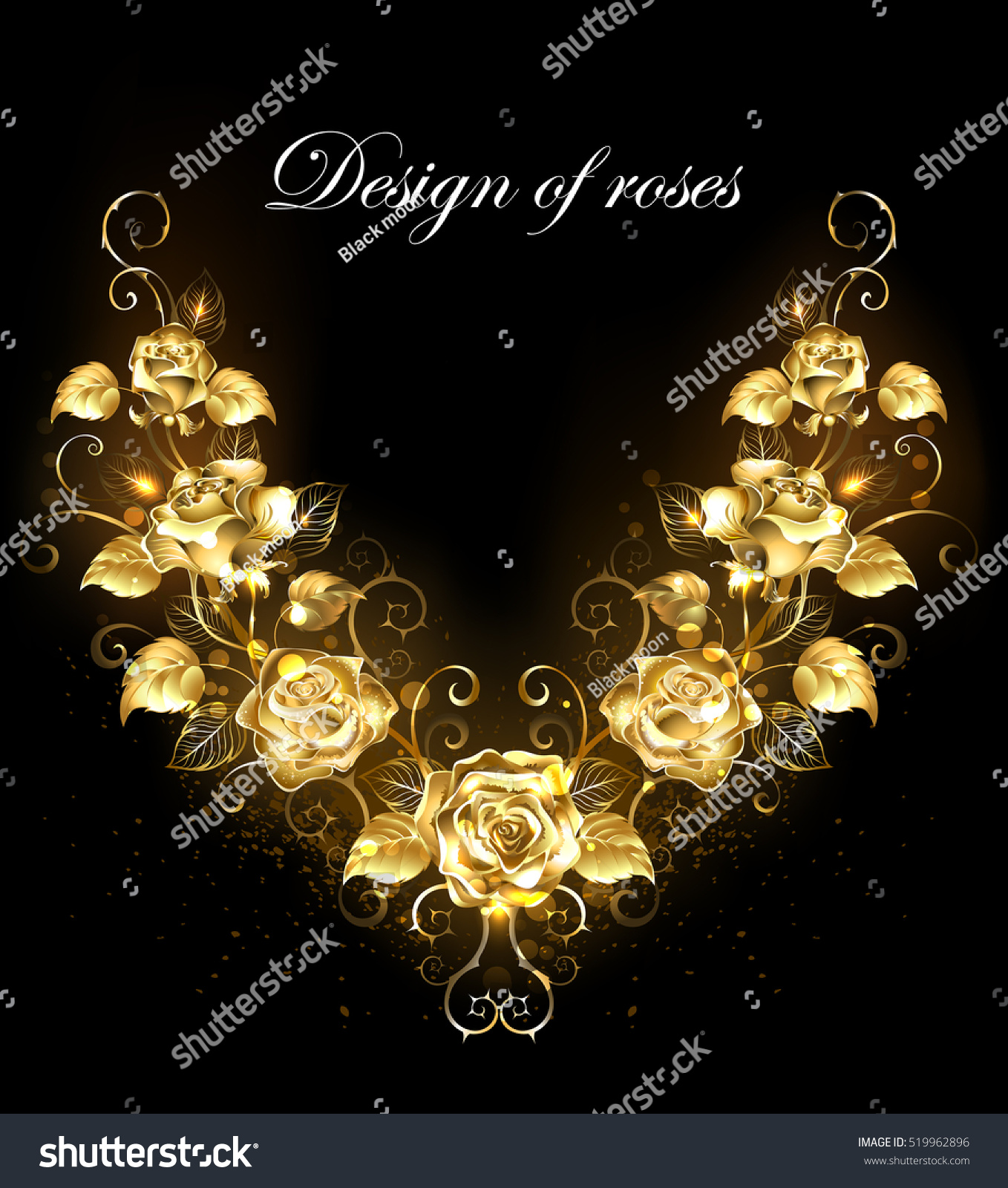 SVG of Symmetrical pattern of shiny, gold, twisted roses on black background. svg