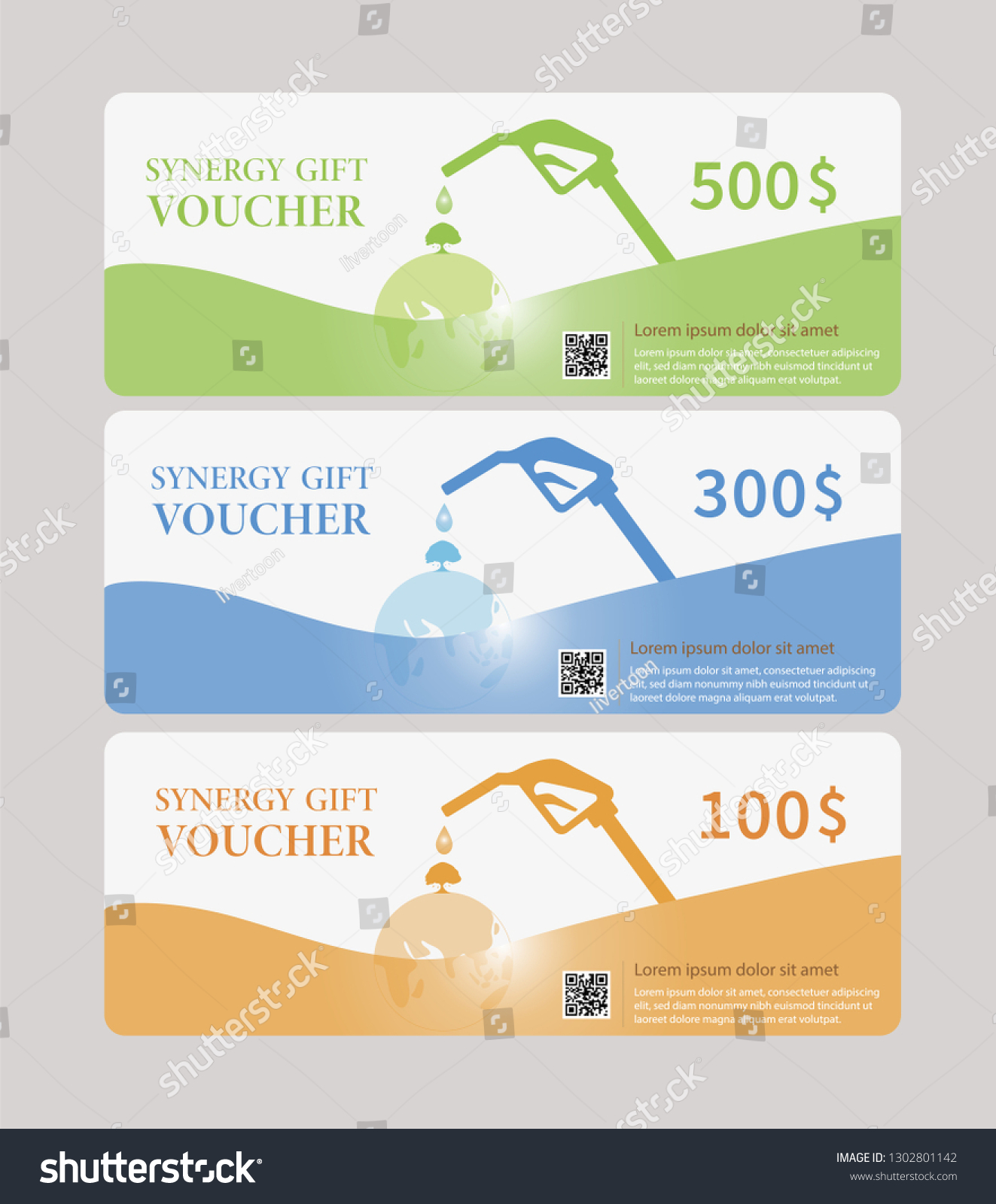 SVG of Synergy Gift Voucher template clean and clear collection with QR code.Vector illustration. Set of Three difference colors. Green for 500$, Blue for 300$ and Orange for 100$. svg