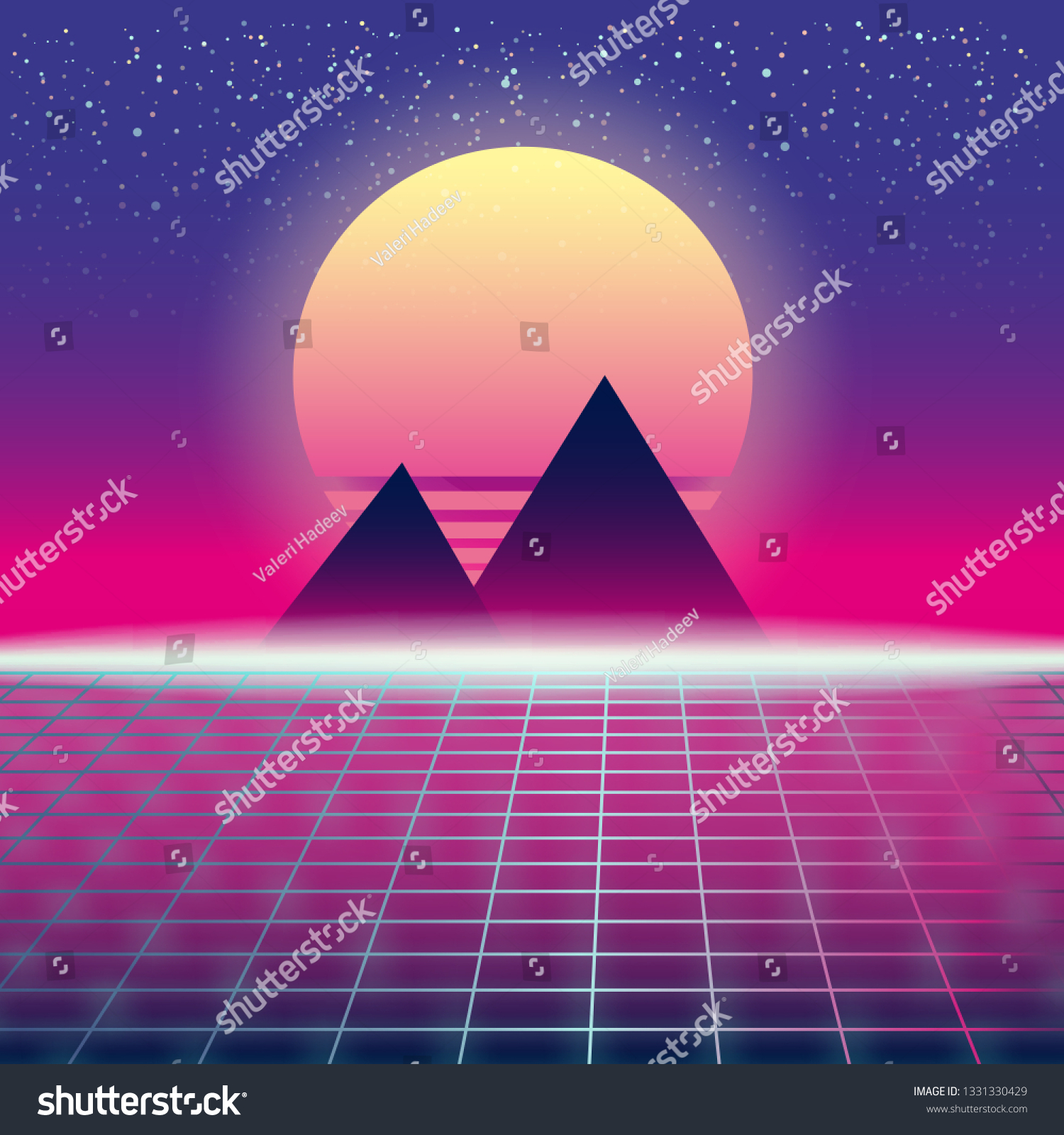 Synthwave Retro Futuristic Landscape Pyramids Sun Stock Vector (Royalty ...