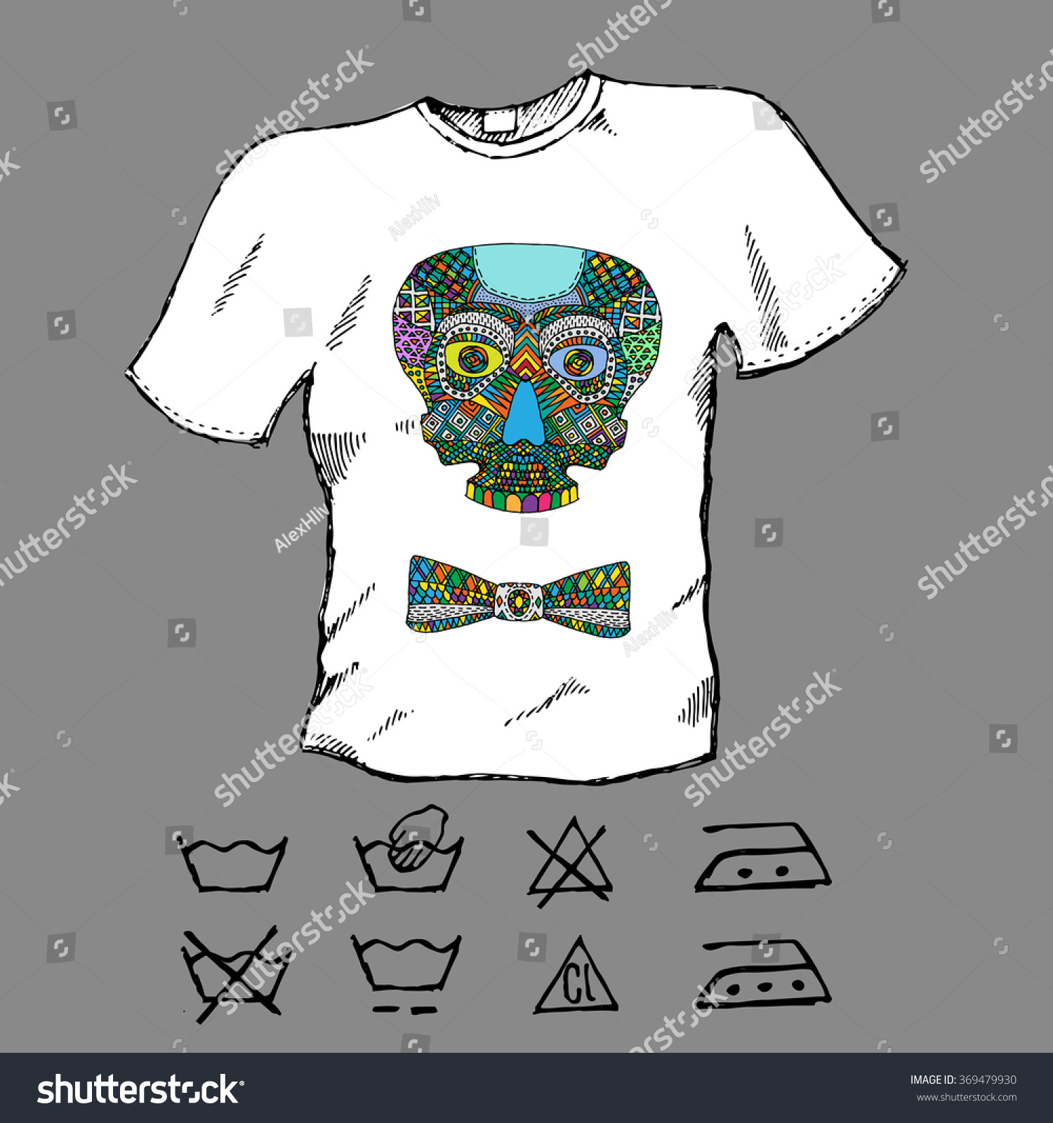 SVG of T-shirt design. Hand drawn white shirt with colorful skull and bowtie. Laundry care icons. Vector illustration svg