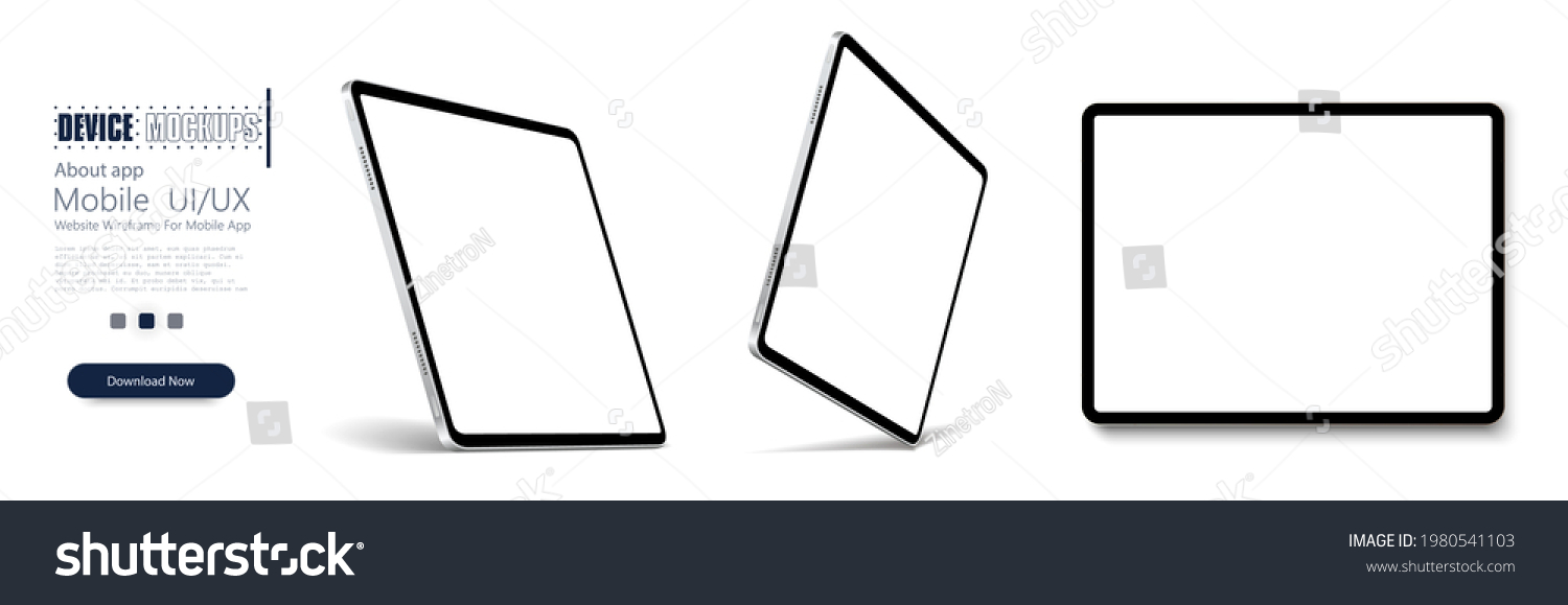 SVG of Tablet frame less blank screen, rotated position. Tablet from different angles. Mockup generic device set. UI, UX Template for infographics or presentation 3D realistic graphics tablet. Vector svg