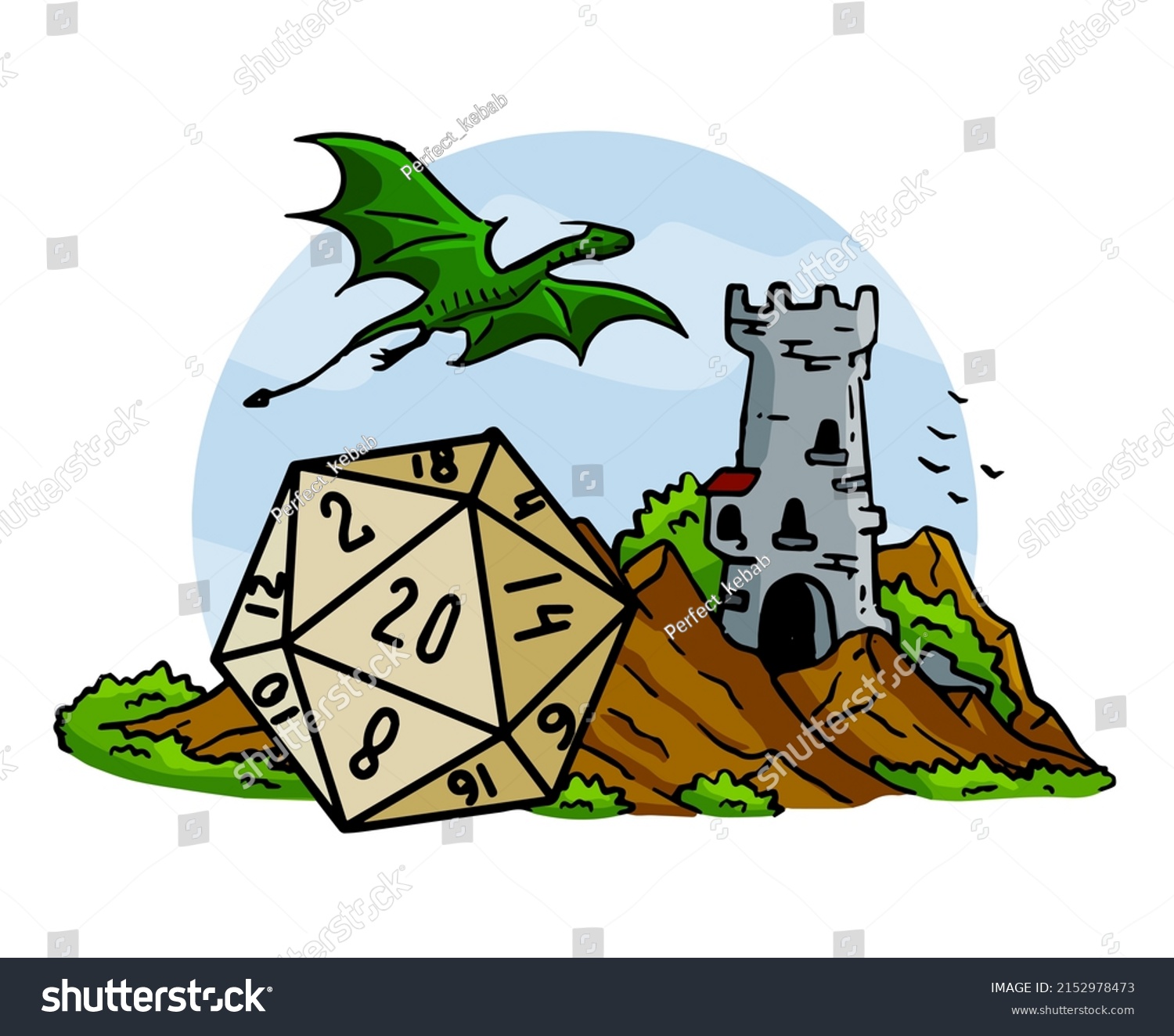 SVG of Tabletop RPG game with 20d dice. Castle fort with tower. Fantasy adventure and dragon. Mountain landscape. svg