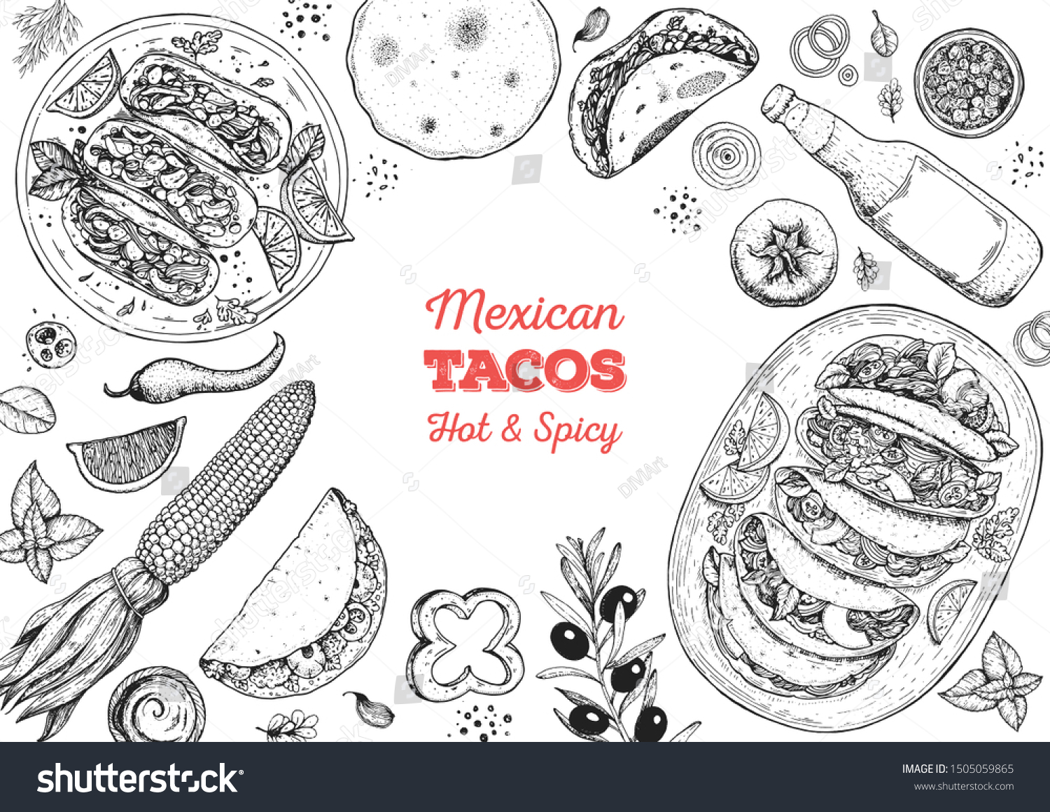 Tacos Cooking Ingredients Tacos Sketch Illustration Stock Vector 