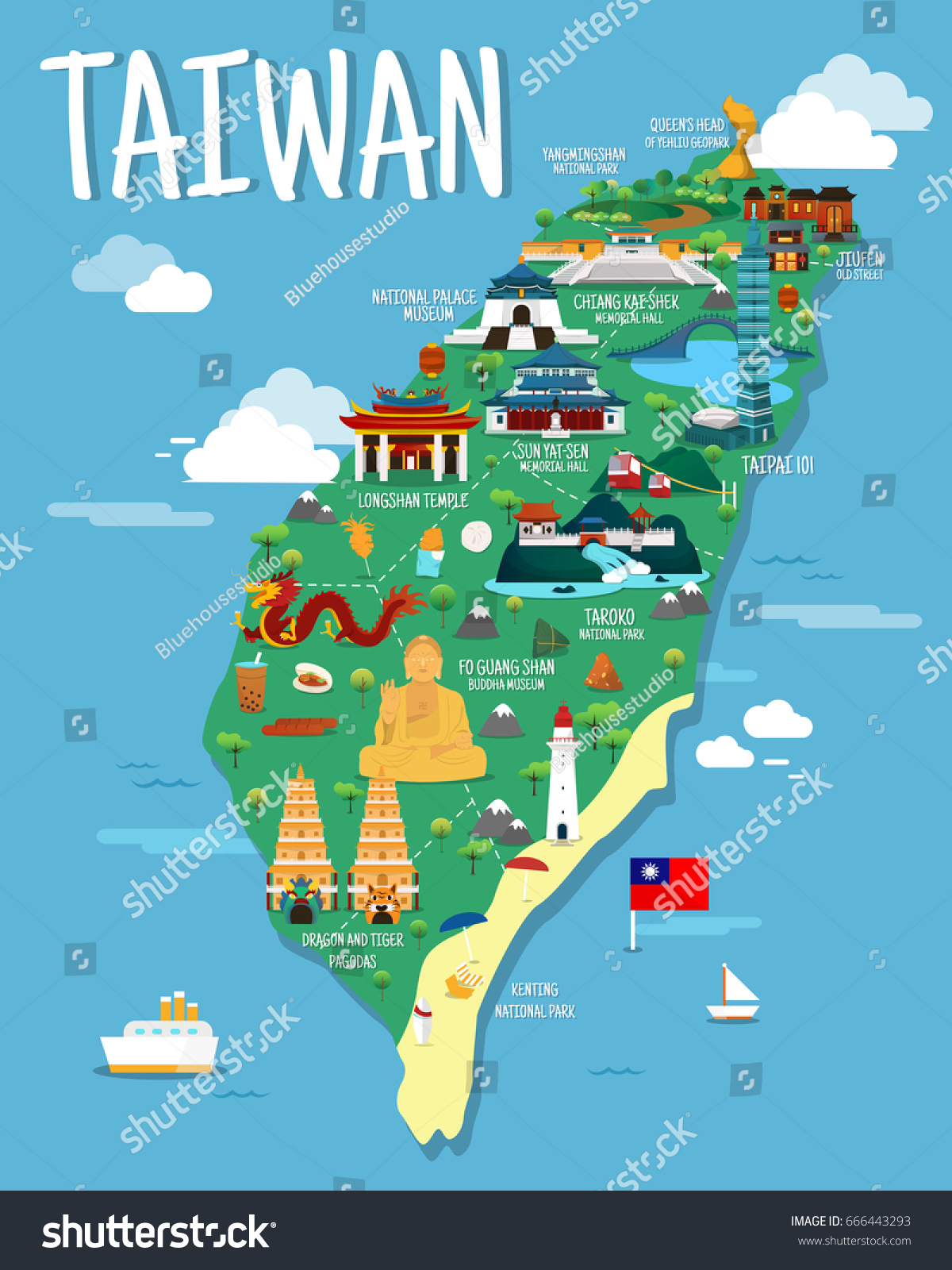 Taiwan Map Colorfaul Landmarks Illustration Design Stock