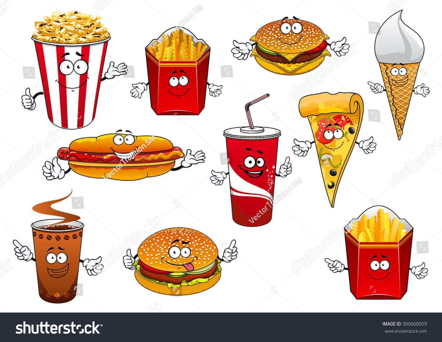 Take Away Food Cartoon Characters Happy Stock Vector 