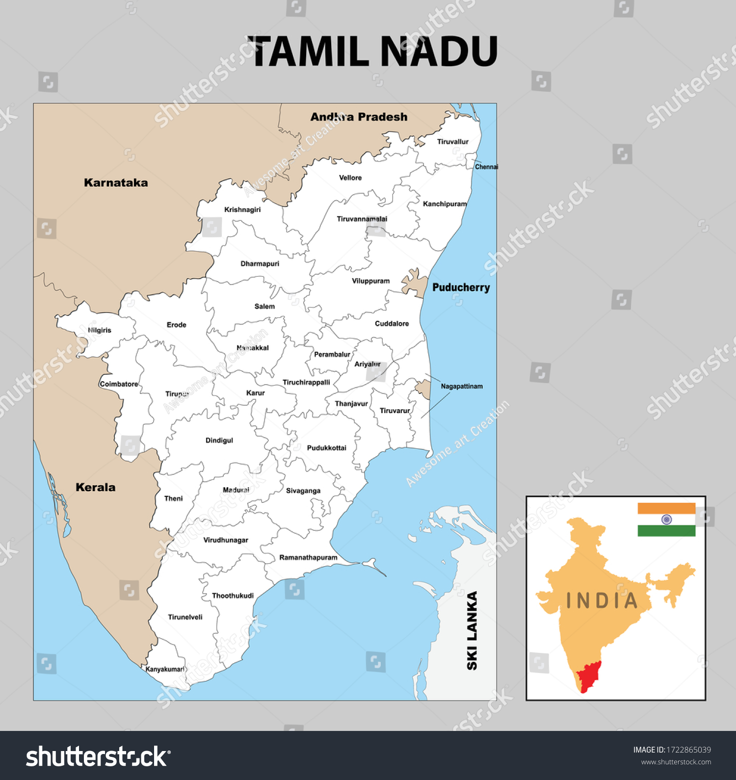 Tamil Nadu District Map Tamil Nadu Map District Ways Map Stock Vector (Royalty Free) 1722865039