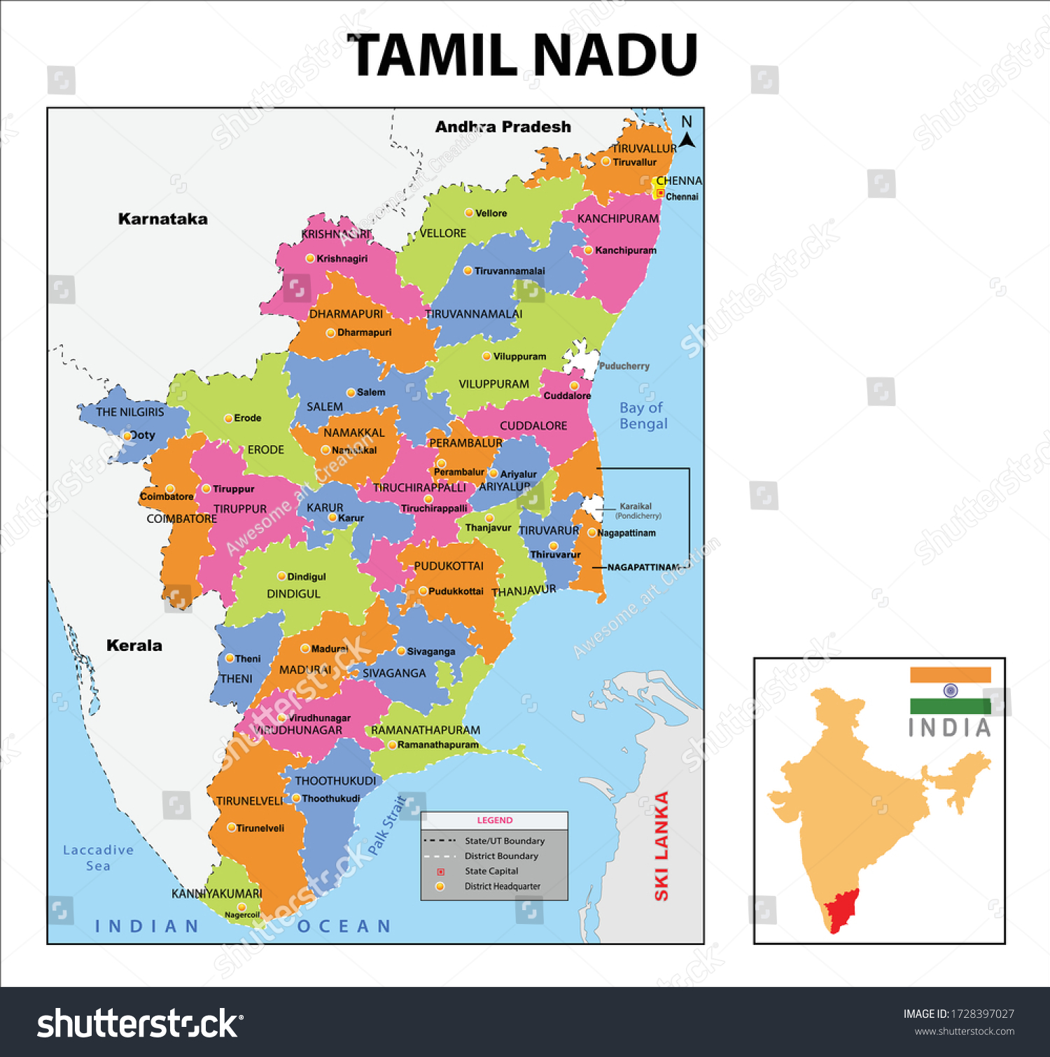 Tamil Nadu Political Map Tamil Nadu Map Political Administrative Map Stock Vector (Royalty Free)  1728397030 | Shutterstock