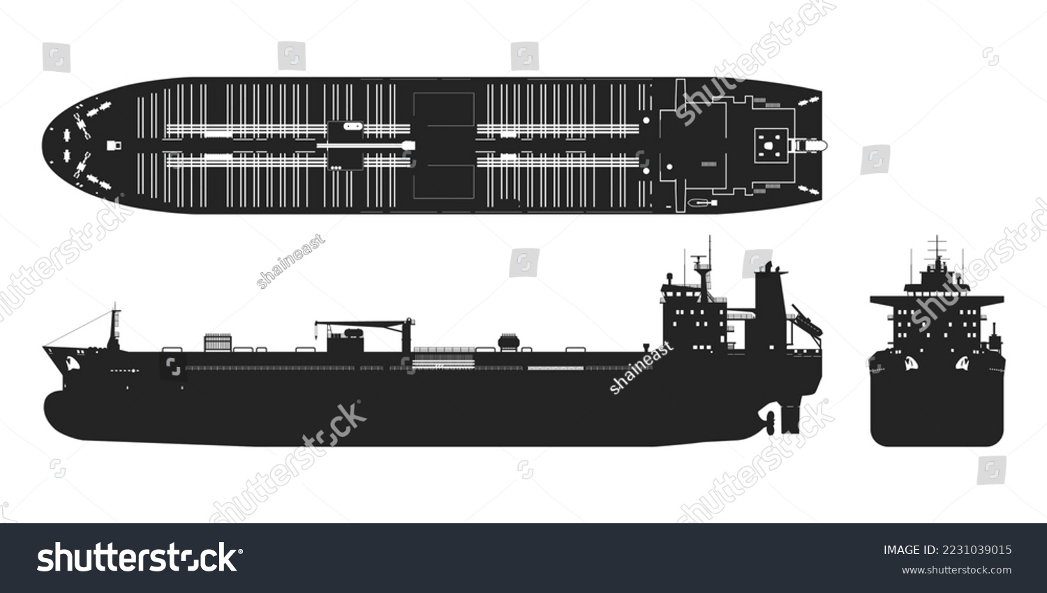 SVG of Tanker black silhouette. Cargo ship industrial blueprint. Petroleum boat view top, side and front. Isolated vehicle drawing. Commerce water transport. Vector illustration svg