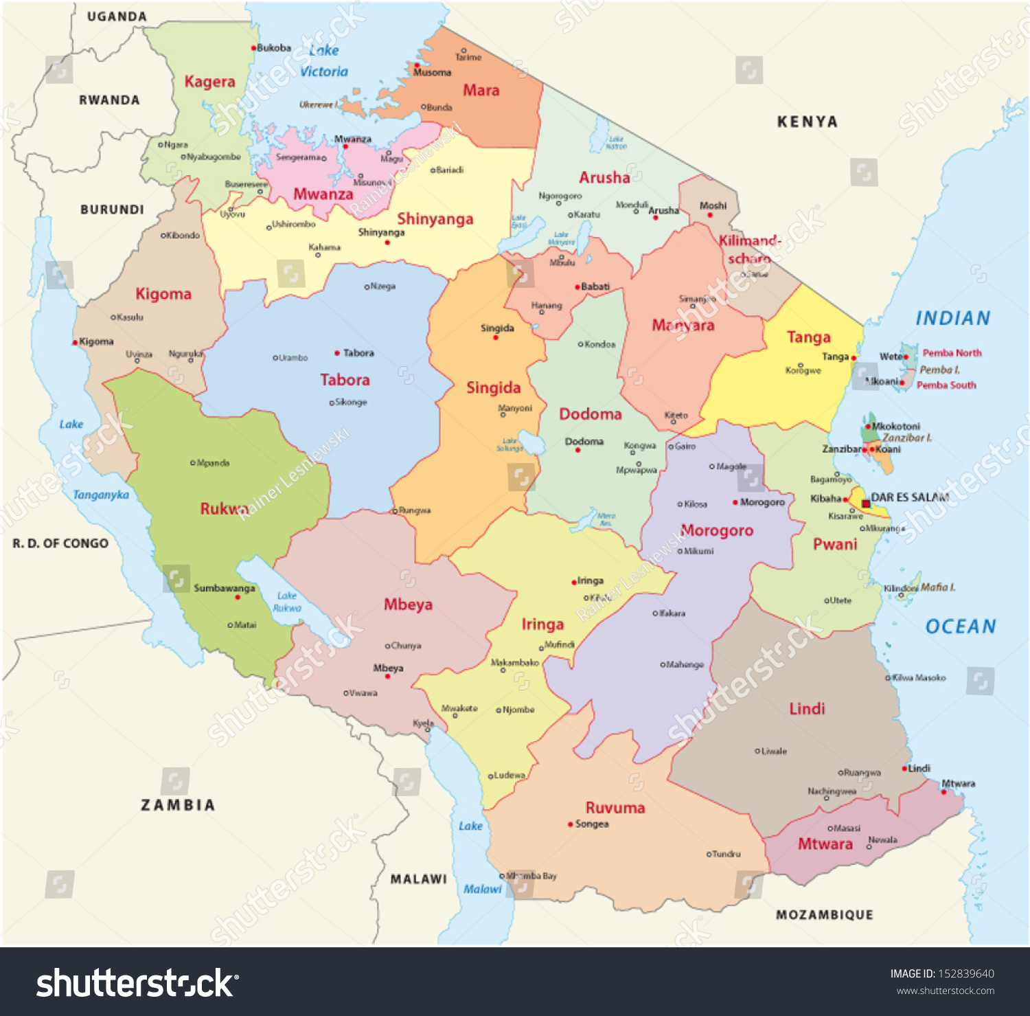 Tanzania Administrative Map Stock Vector Illustration 152839640 ...