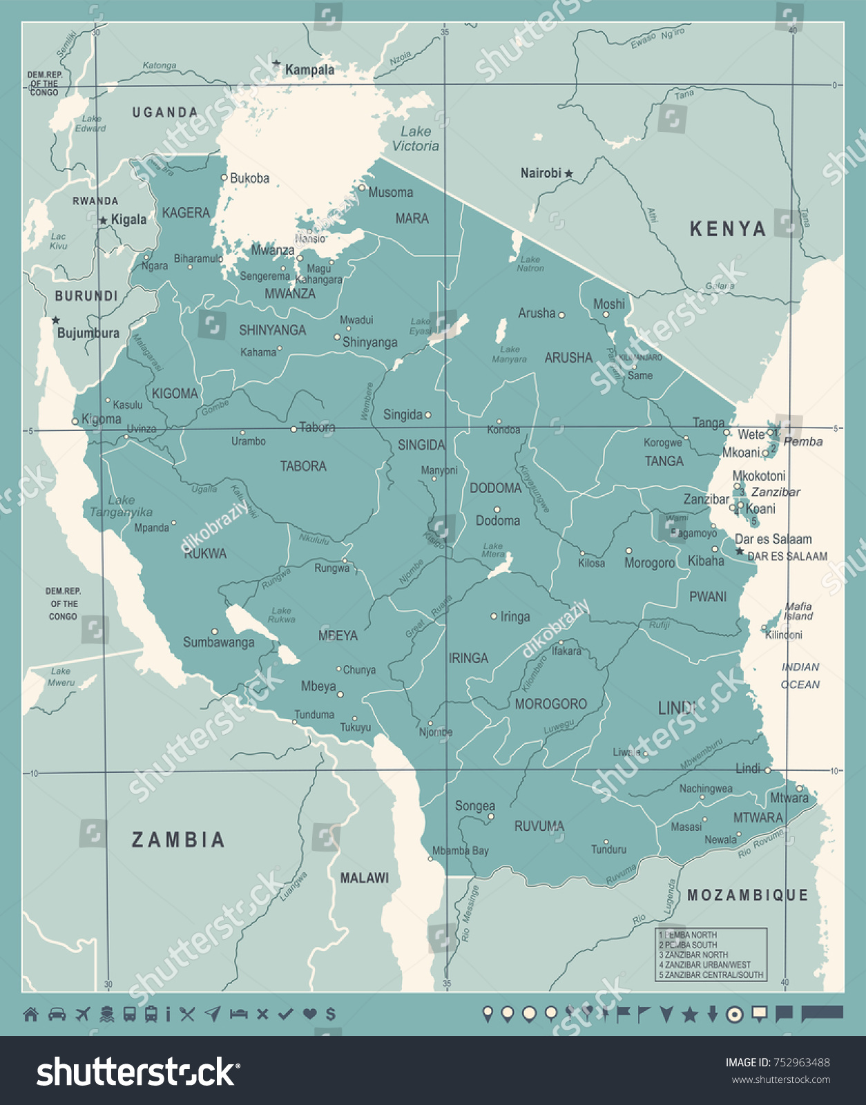 Tanzania Map Vintage Detailed Vector Illustration Stock Vector Royalty