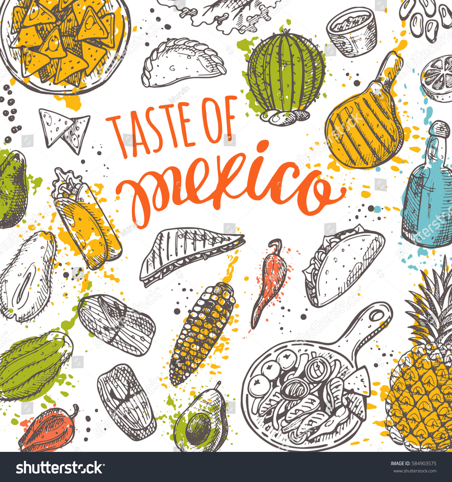 SVG of Taste of Mexico. National cuisine. Hand drawn vector illustration on the watercolor splashes. Tamales, empanadas, enchilada, quesadilla, chili con carne, tacos, burrito, salsa, guacamole dip, fajitas. svg