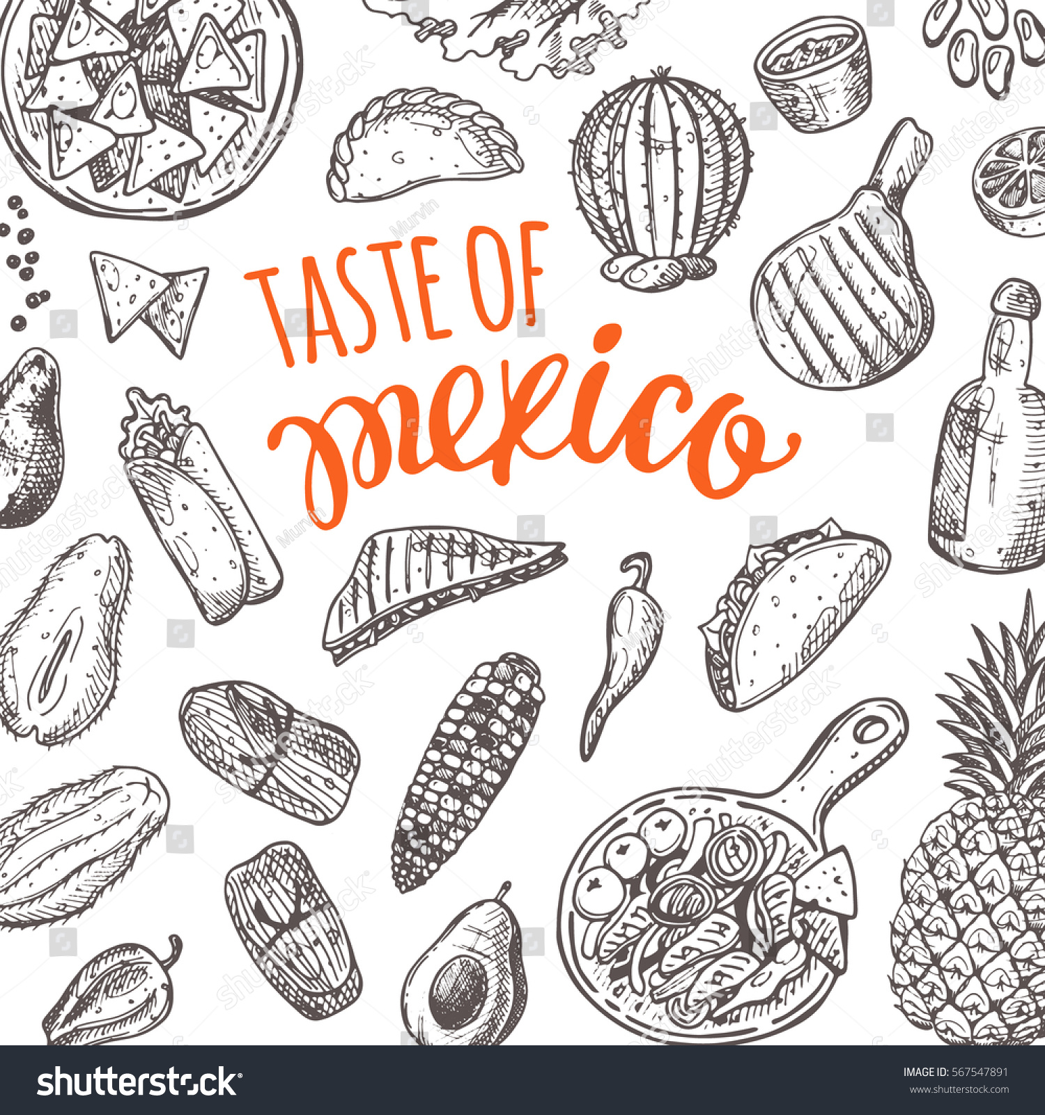 SVG of Taste of Mexico. National cuisine. Hand drawn vector illustration. Tamales, empanadas, enchilada, quesadilla, chili con carne, tacos, burrito, salsa, guacamole dip, fajitas, ceviche, chimichanga svg