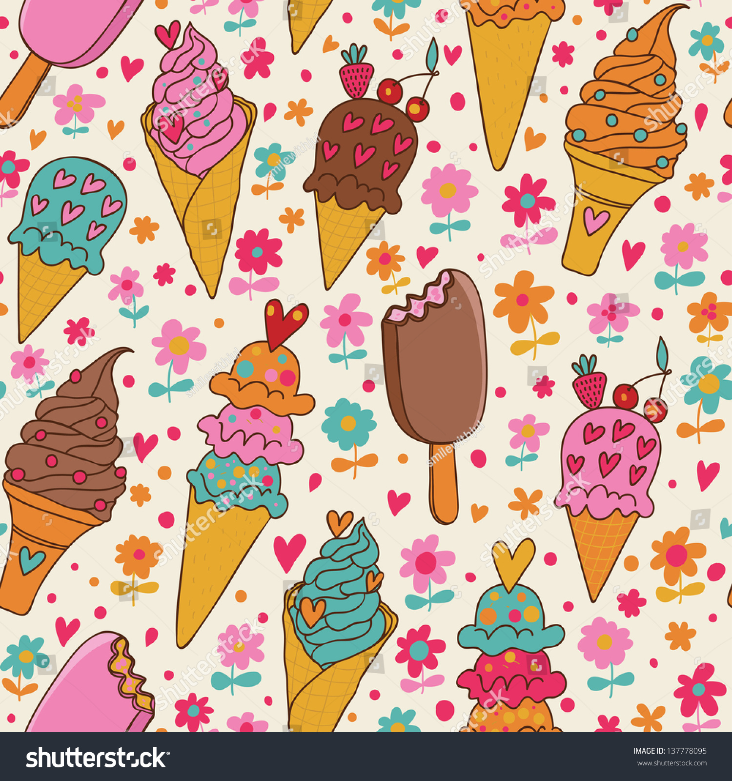 Tasty Seamless Pattern Made Of Yummy Ice Cream In Bright Colors In ...