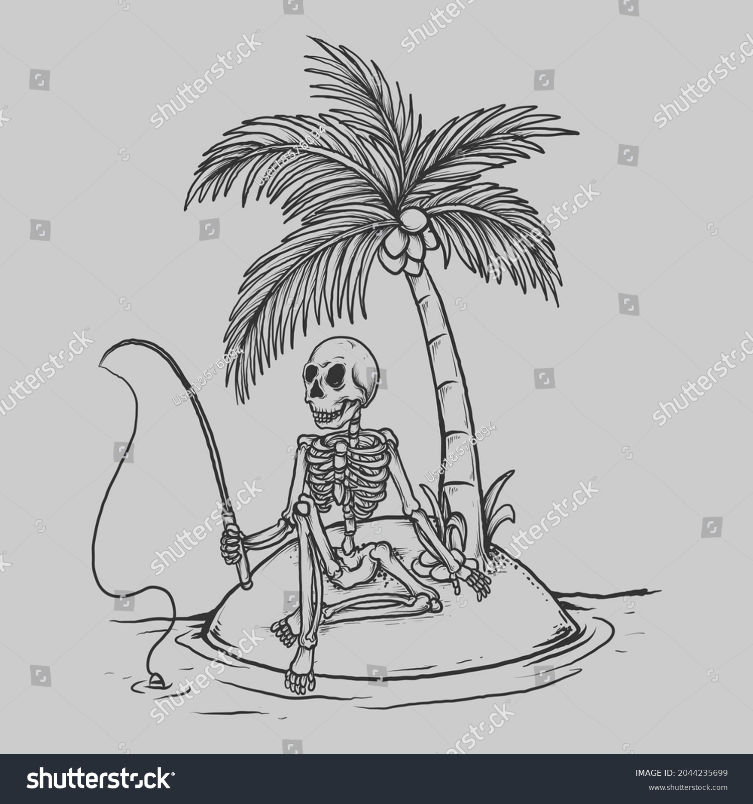 SVG of tattoo and t shirt design black and white hand drawn skeleton fishing engraving ornament svg