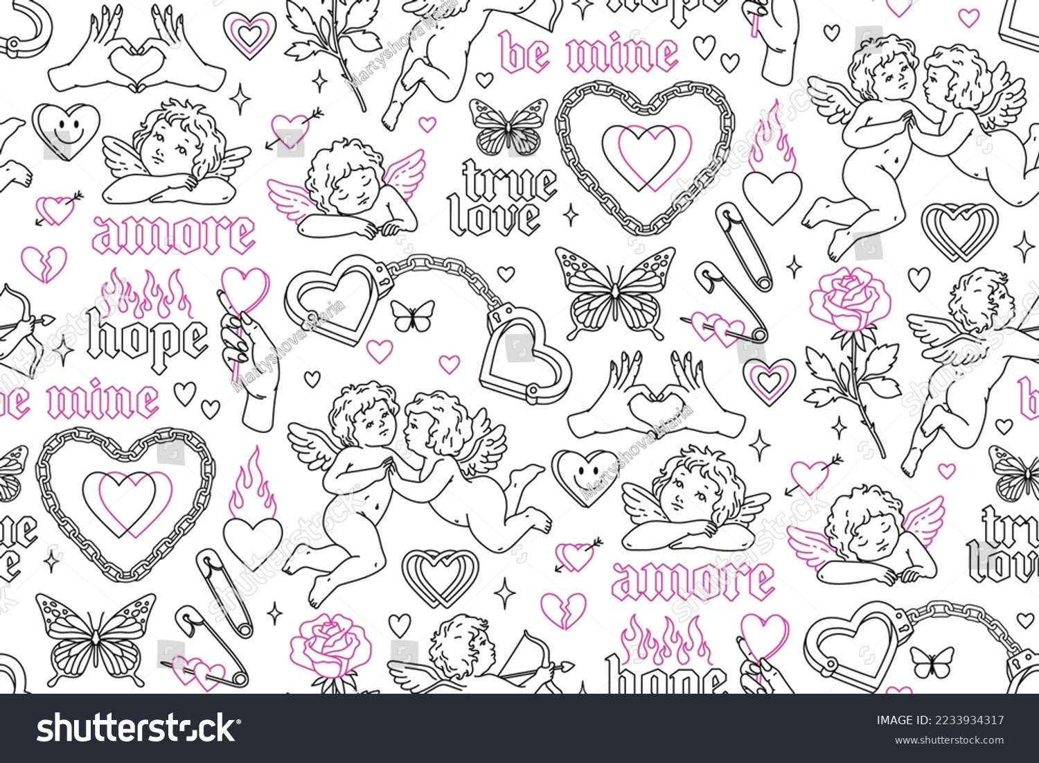 SVG of Tattoo art 1990s-2000s seamless pattern. Love concept. Happy valentines day. Heart, angel, cupid, butterfly, rose in trendy retro style. Vector hand drawn tattoo background. Black, pink, white colors. svg