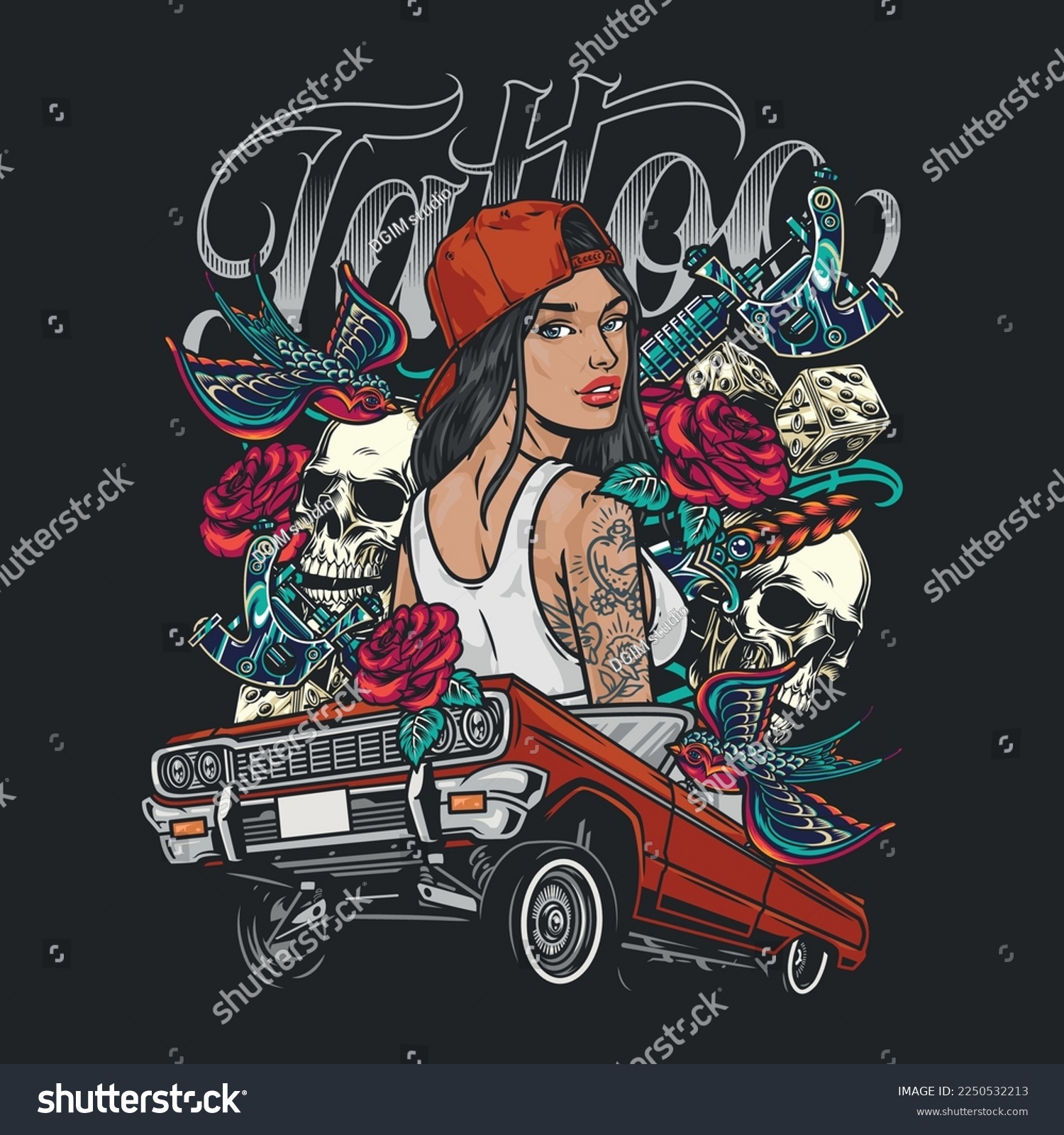 SVG of Tattoo cool girl colorful flyer with lowriding machine and skulls near beautiful brunette female model in baseball cap vector illustration svg