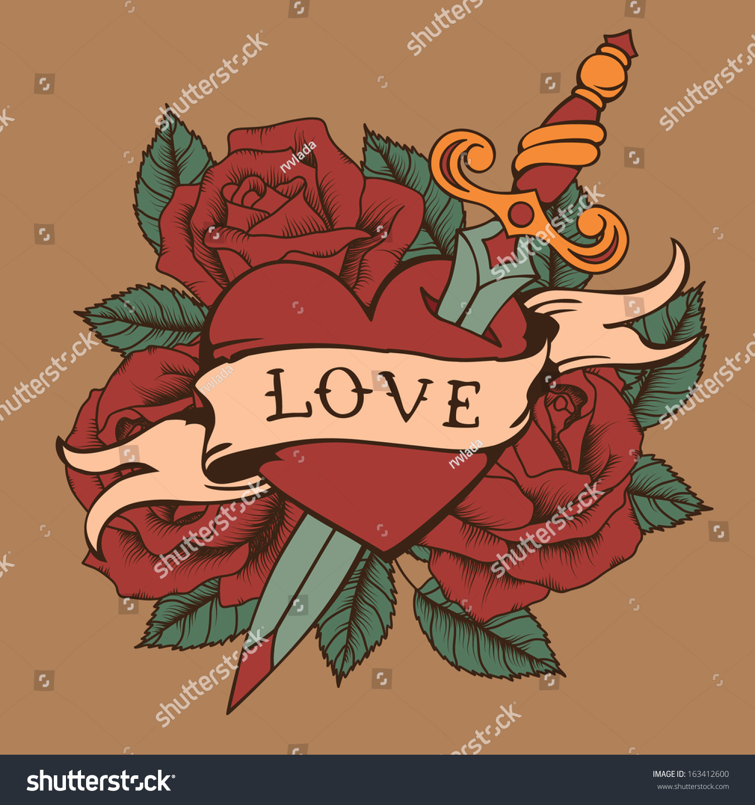 Tattoo Heart With Roses And Knife Stock Vector Illustration 163412600 ...