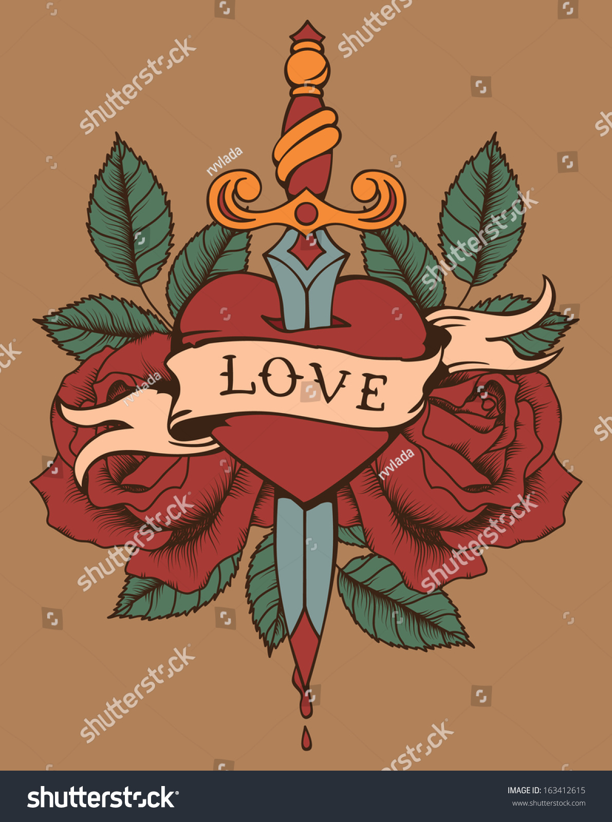 Tattoo Heart With Roses And Knife Stock Vector Illustration 163412615 ...