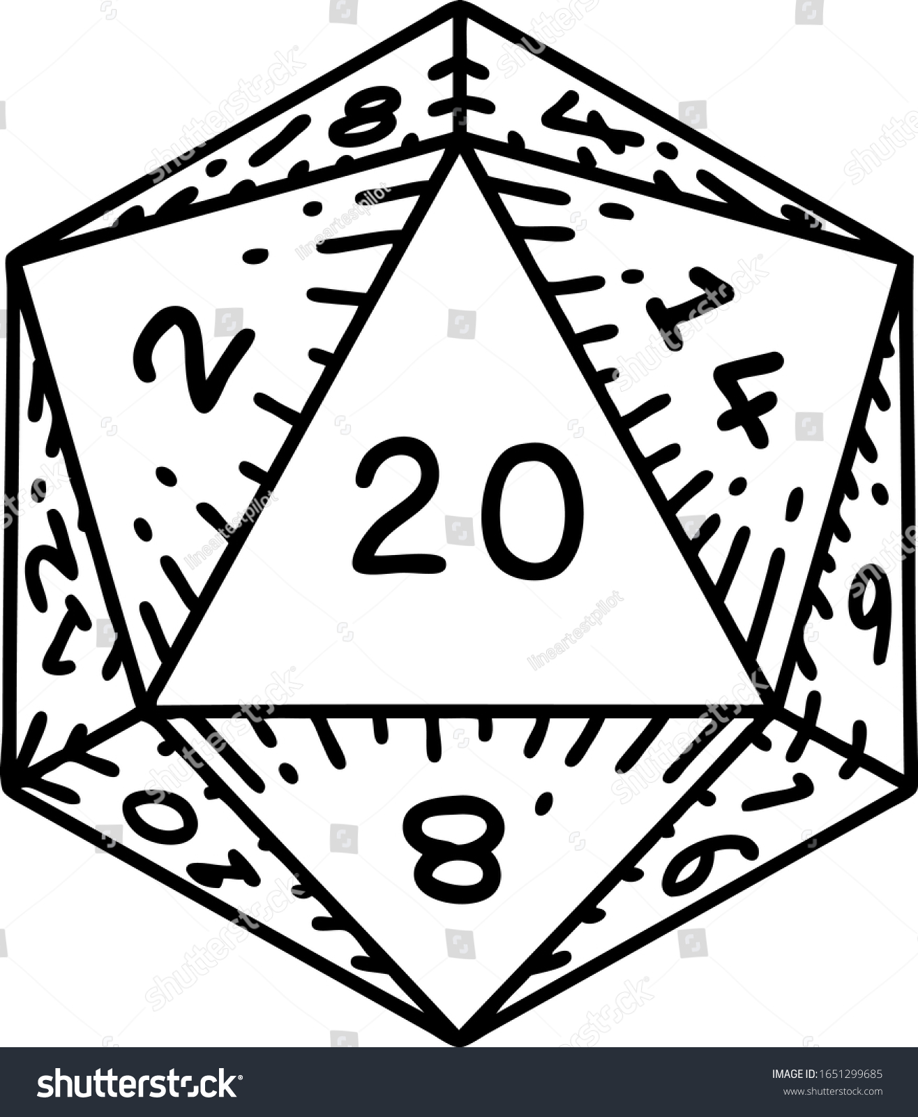 SVG of tattoo in black line style of a d20 dice svg