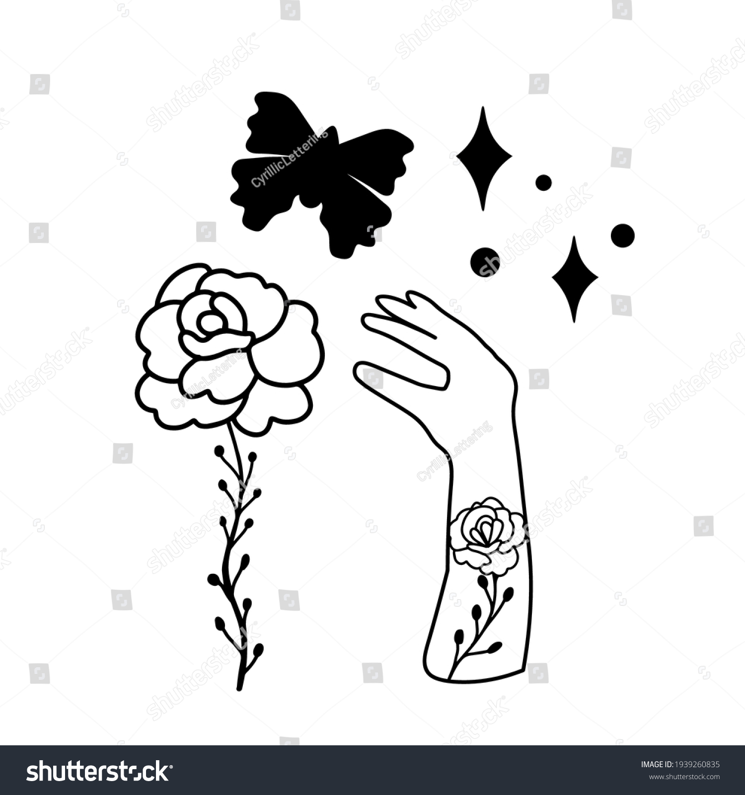 SVG of Tattoo mehndi woman hand. Boho celestial vector illustration with butterfly and rosehip. Magic wild flowers with stars. Silhouette bohemian elements set for shirt design. Boho clipart.  svg