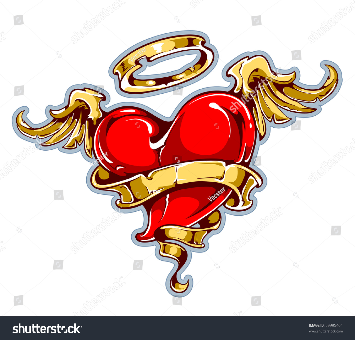 Download Tattoo Styled Heart Wings Halo Ribbon Stock Vector ...