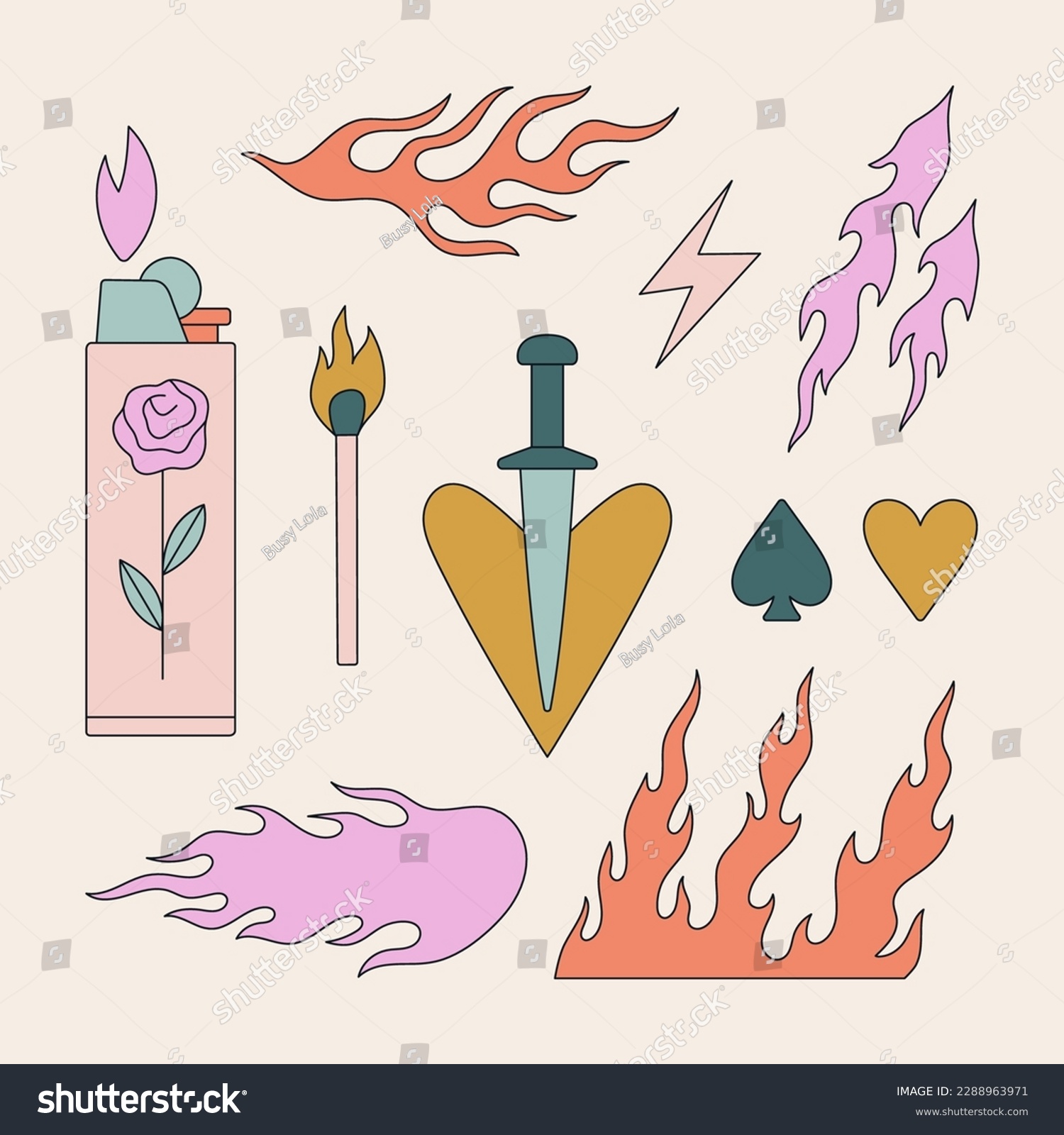 SVG of Tattoos set with fire elements. Lighter, flame, heart, match, knife etc. Hand drawn vector illustrations isolated on colorful background. Black contour, hot design. svg