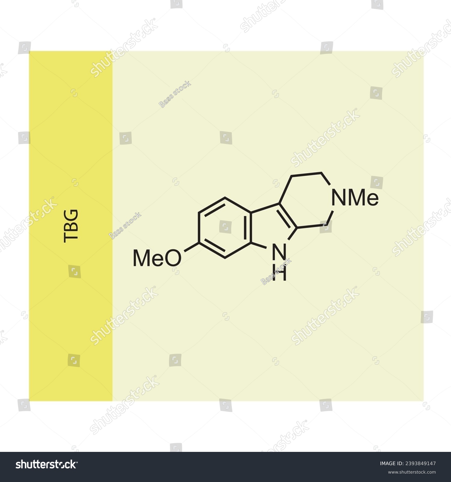 SVG of TBG molecular structure, skeletal formula diagram on yellow background. Scientific EPS10 vector illustration. svg