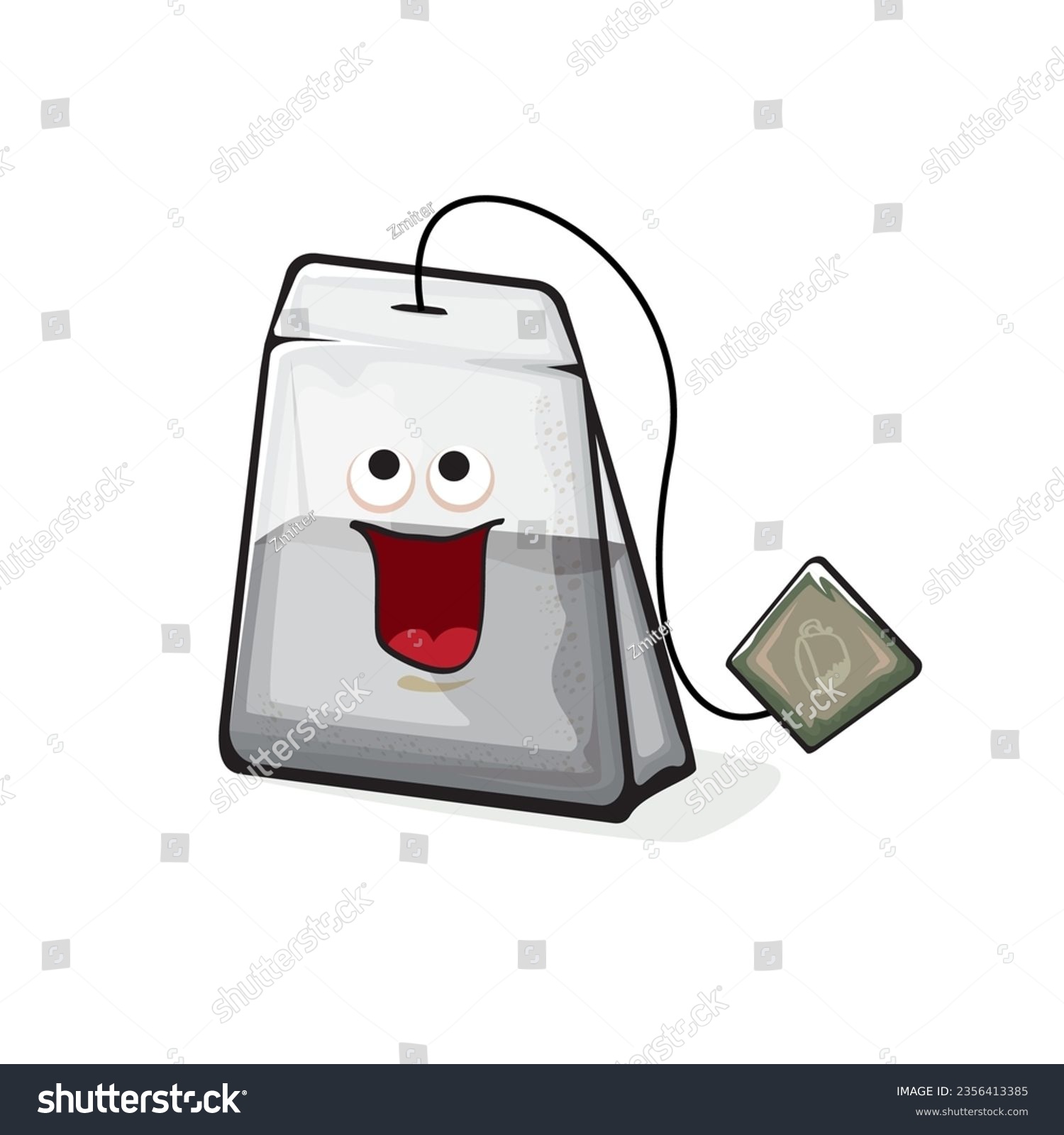 SVG of Tea bag character. Cartoon tea bag isolated on white background. Funky paper tea bag character with eyes and mouth. Vector white teabag clip art, emoji, label and sticker svg