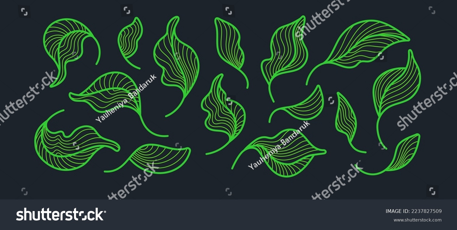SVG of Tea leaves, art set. Graphic line plant, green foliage isolated on black background. Artdeco simple nature collection svg