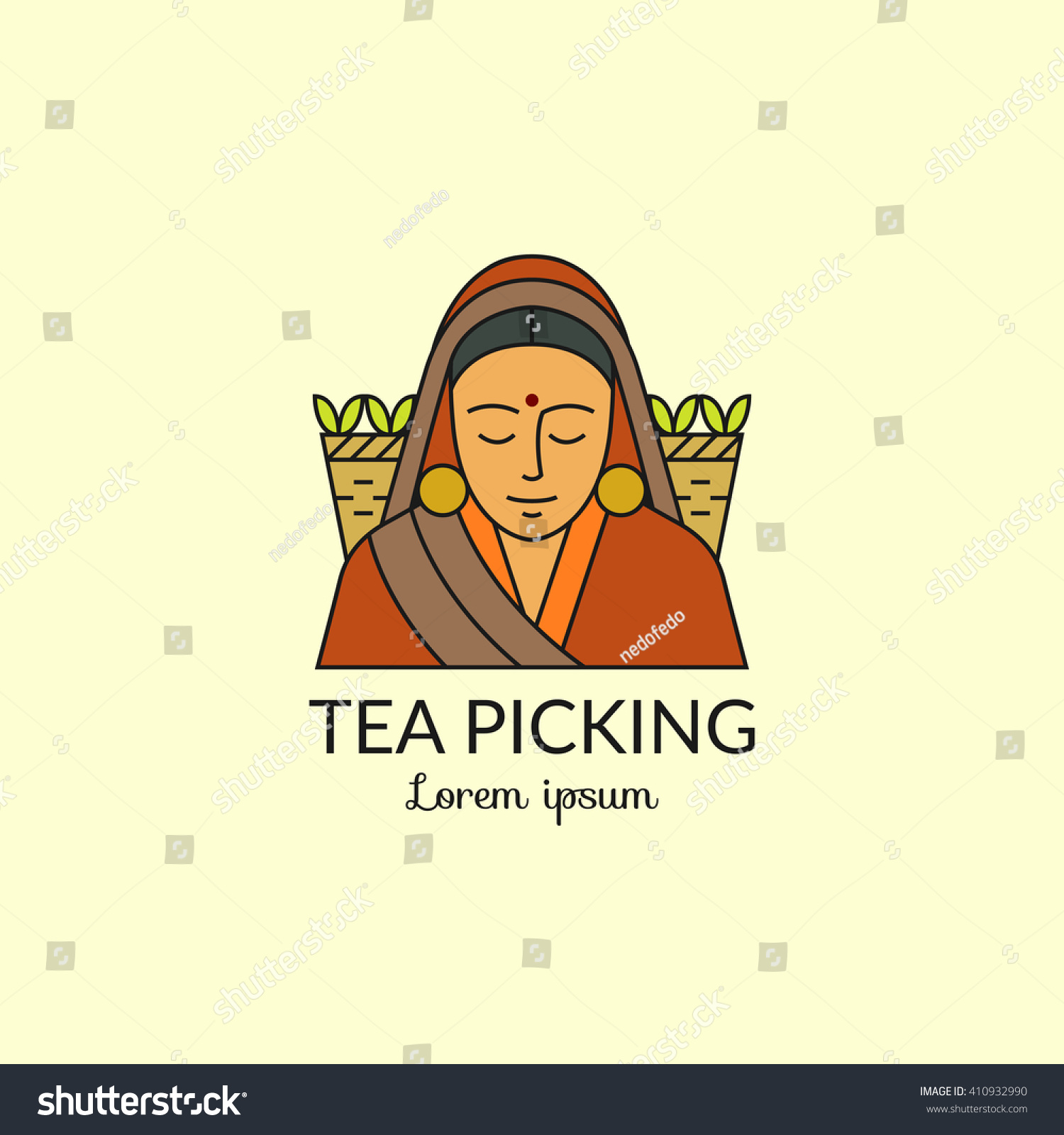 茶摘みのロゴ 摘みたての茶葉がいっぱい入った籐籠を持つインドの女性 ベクター画像のカラフルイラスト 単純な線形設計 のベクター画像素材 ロイヤリティフリー