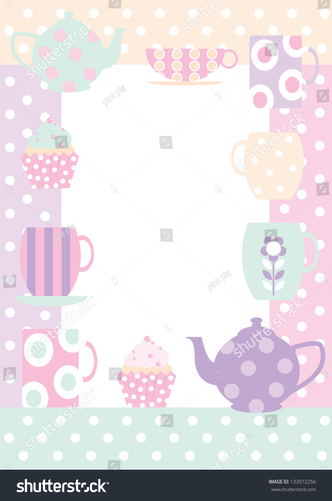 Tea Time Border Border Teacups Cupcakesand Stock Vector Royalty Free