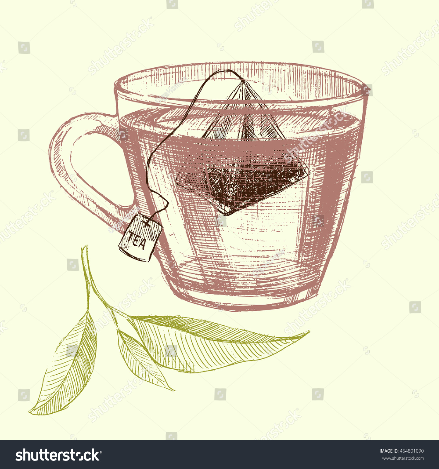 tea cup sketch, brown, green leaves, tea bag clip art preview