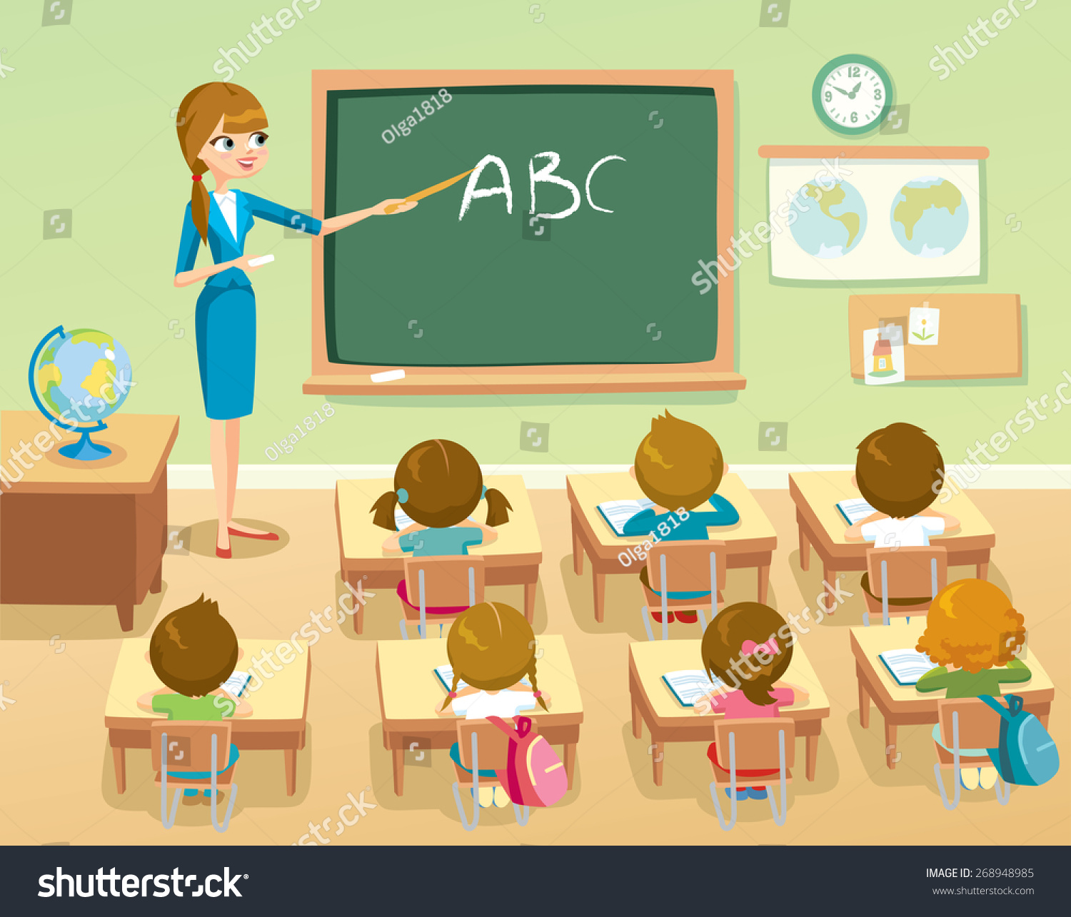 Teacher By Blackboard With Pupils In The Classroom Stock Vector ...