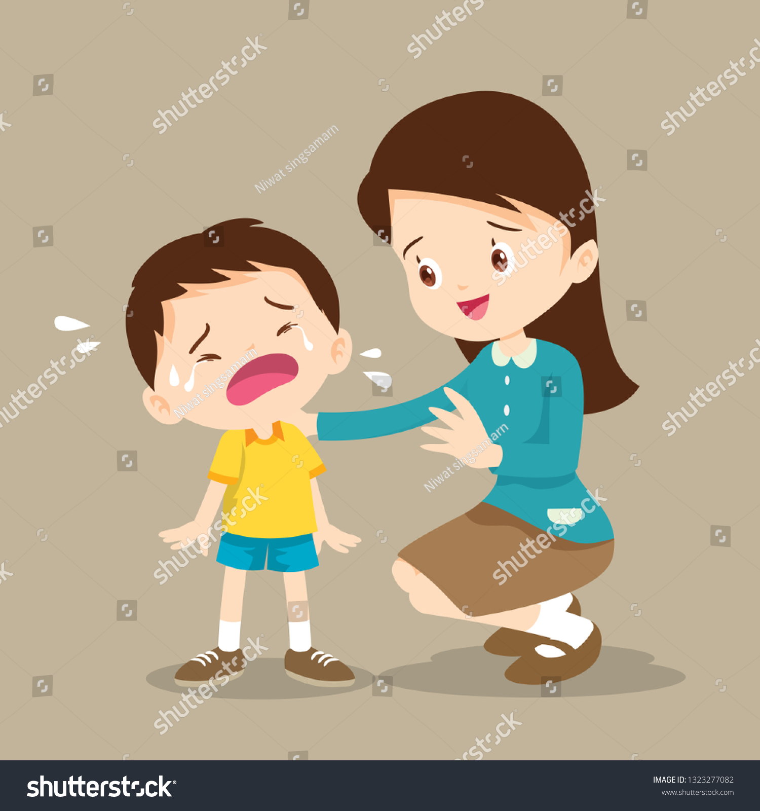 Teacher Comforting Upset Elementary School Pupilteacher Stock Vector ...