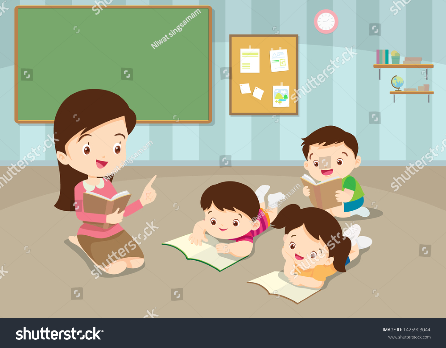 Teacher Teaching Cute Childrens Reading Books Stock Vector (royalty 