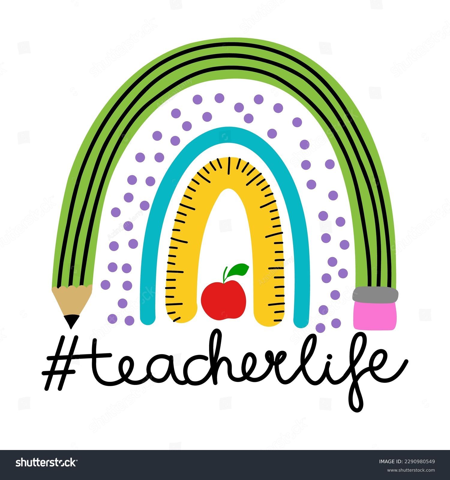 SVG of Teacherlife - colorful typography design with red apple and rainbow. Thank you Gift card for Teacher's Day. Vector illustration on white background with red apple and pencil. Back to School rainbow svg