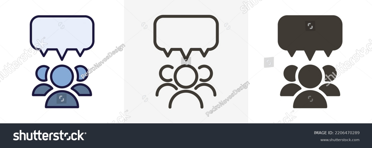 SVG of Team group of people speaking and debating with a speech bubble. Vector icon design illustration in 3 different styles. Filled outline with colors, thin line, flat svg