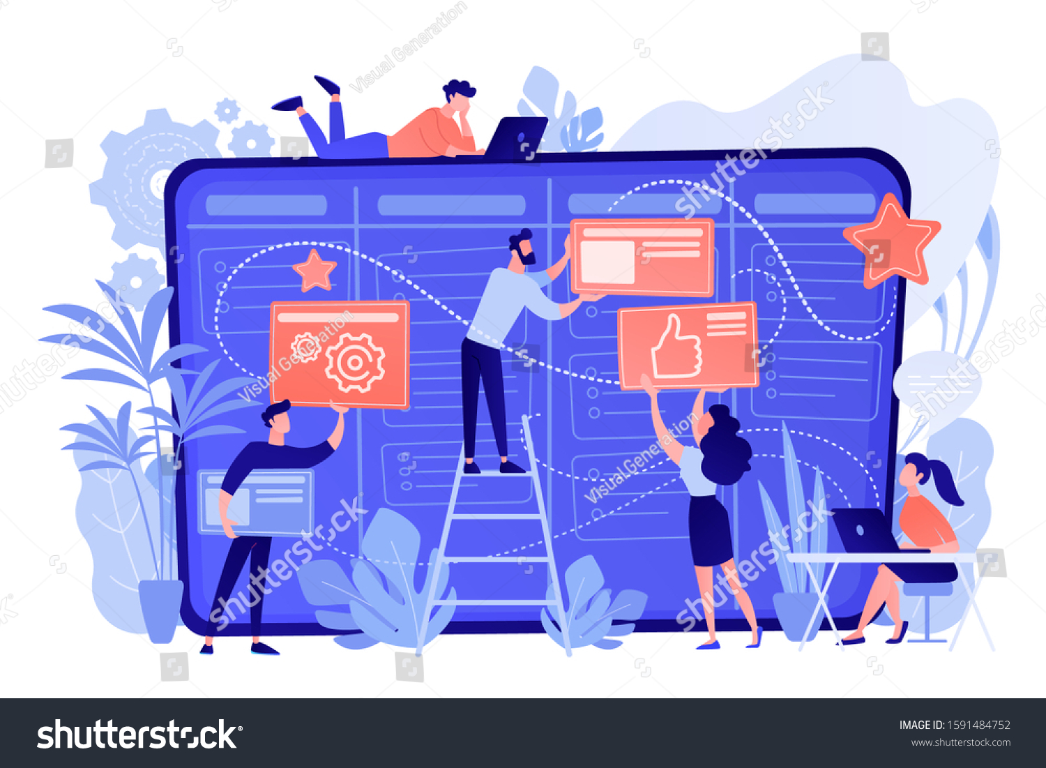 Team Members Moving Cards On Large Stock Vector (Royalty Free ...