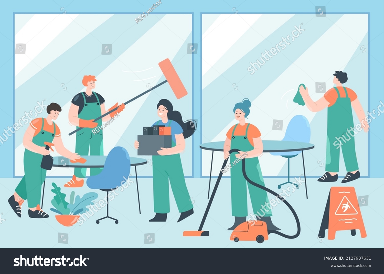 Team Cartoon Janitors Cleaning Office Professional Stock Vector ...