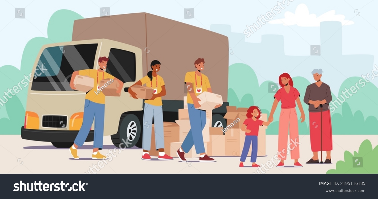 SVG of Team of Volunteers in Humanitarian Aid Van Giving Help Boxes to Refugees, Governmental Help Concept. Senior and Old Woman with Little Girl Need Material Assistance. Cartoon People Vector Illustration svg