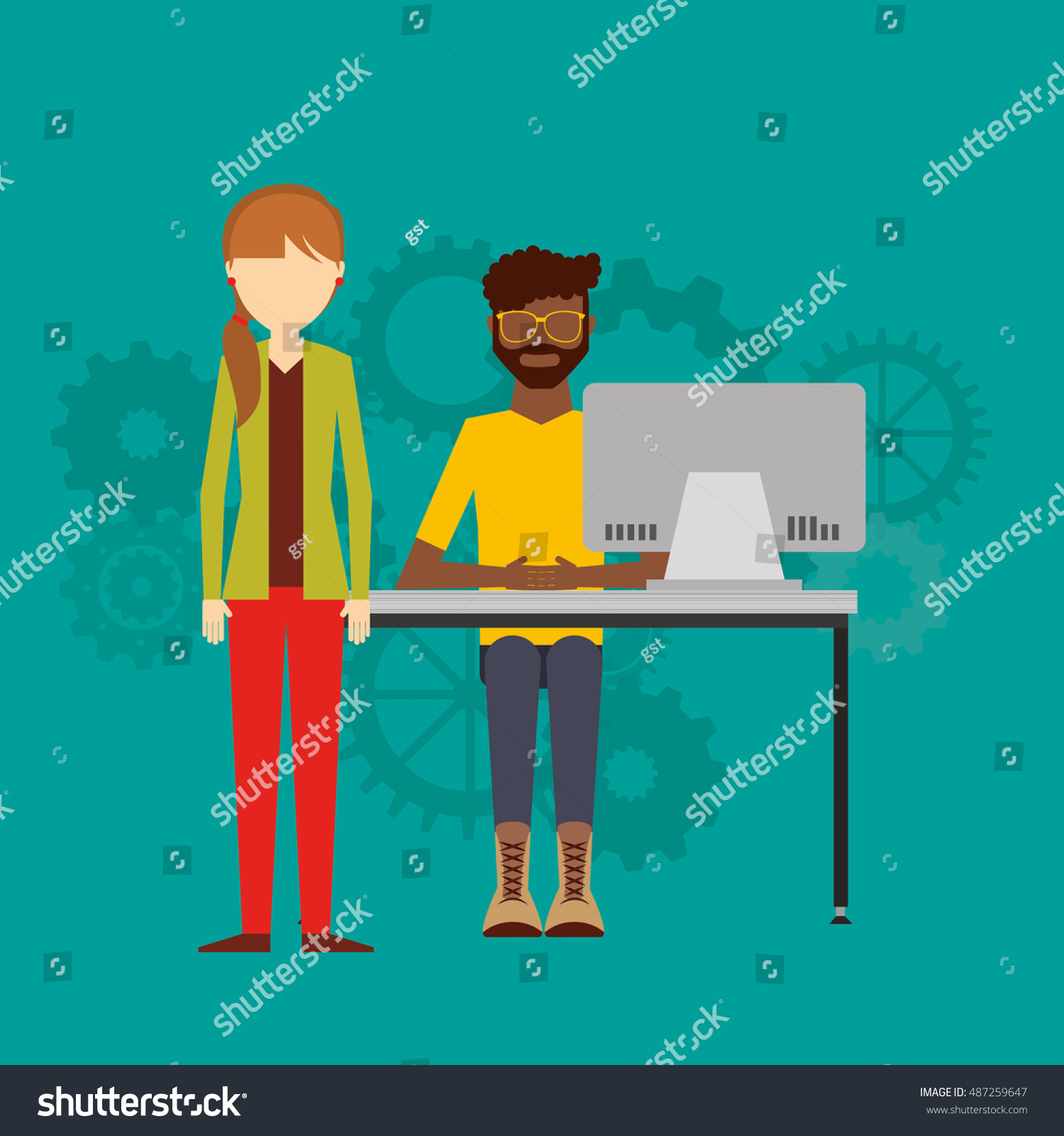 Teamwork Office Computer Icon Vector Illustration Stock Vector (Royalty