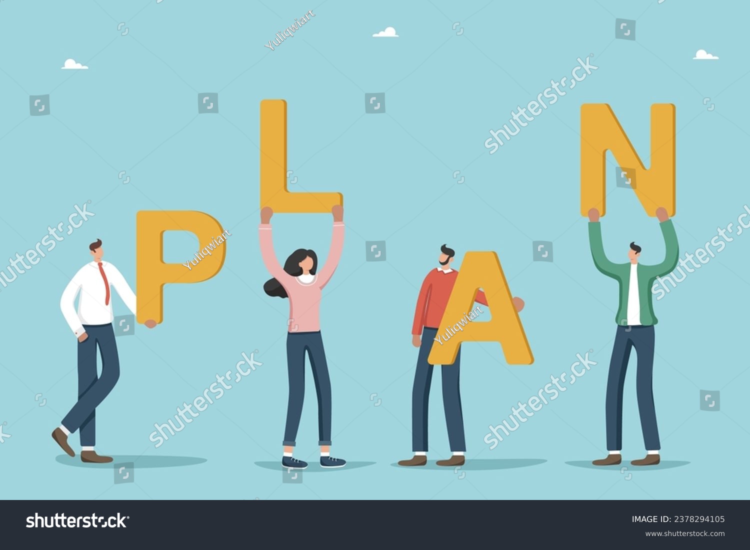 SVG of Teamwork to create company development plan, collaboration and partnership to successfully build strategies, brainstorming to plan business goals, team motivation, people with plan letters. svg