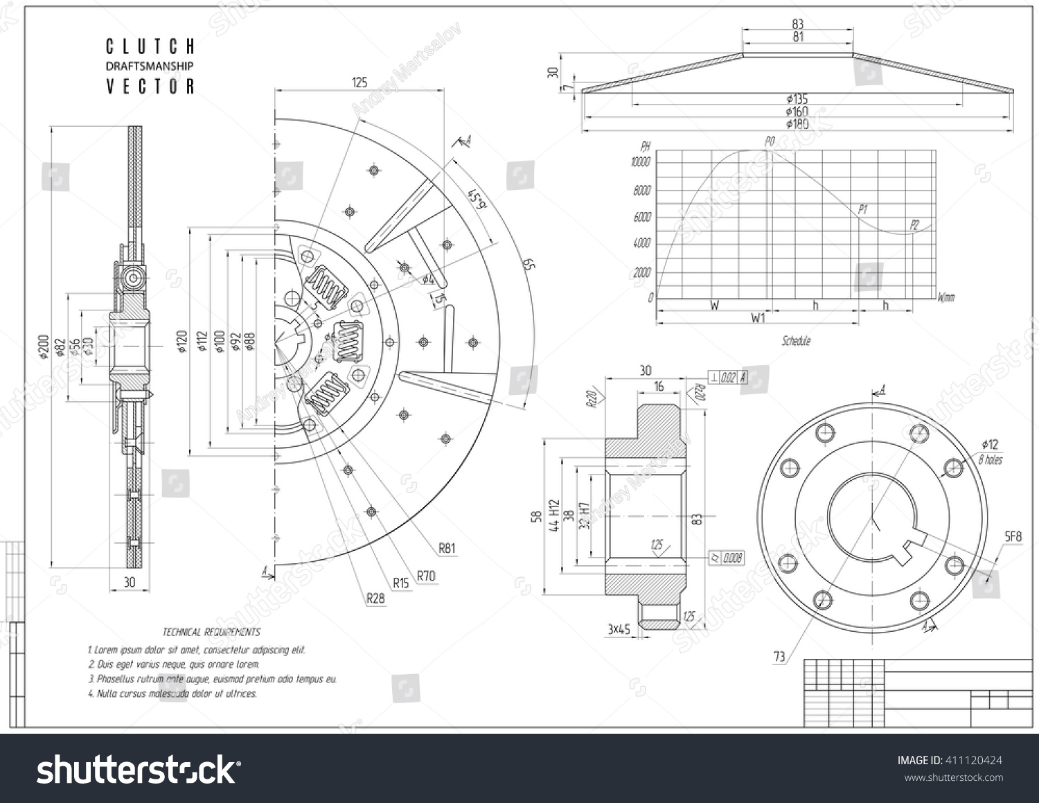 technical drawing clutch construction draft horizontal stock vector